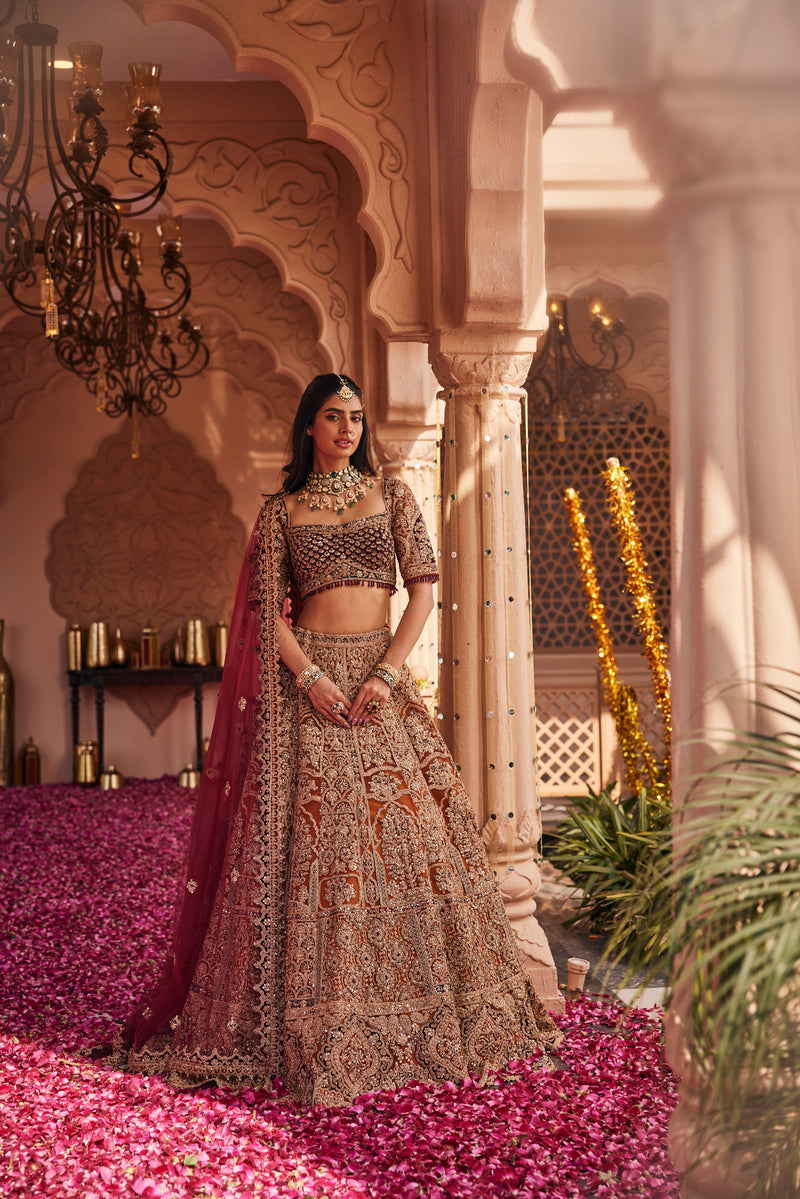 ELEGANT RUST AND MARRON LEHENGA WITH ELEGANT TOP AND SCARF