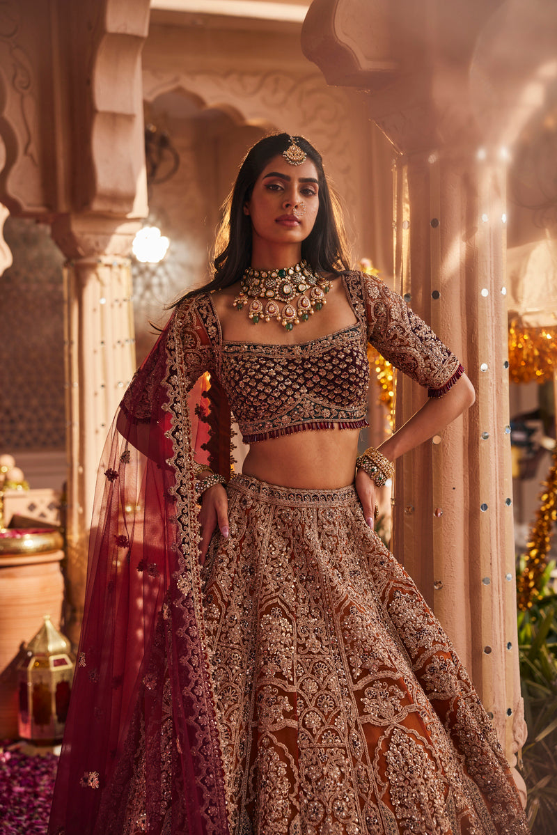 ELEGANT RUST AND MARRON LEHENGA WITH ELEGANT TOP AND SCARF