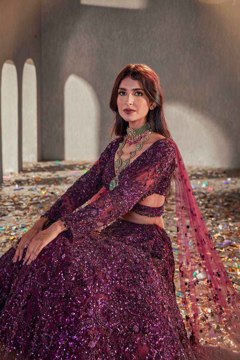 ELEGANT PURPLE LEHENGA WITH STYLISH TOP ATTACHED CAPE