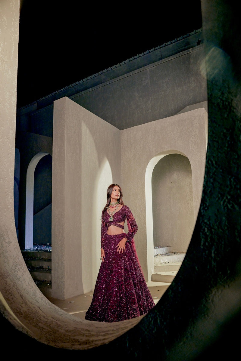 ELEGANT PURPLE LEHENGA WITH STYLISH TOP ATTACHED CAPE