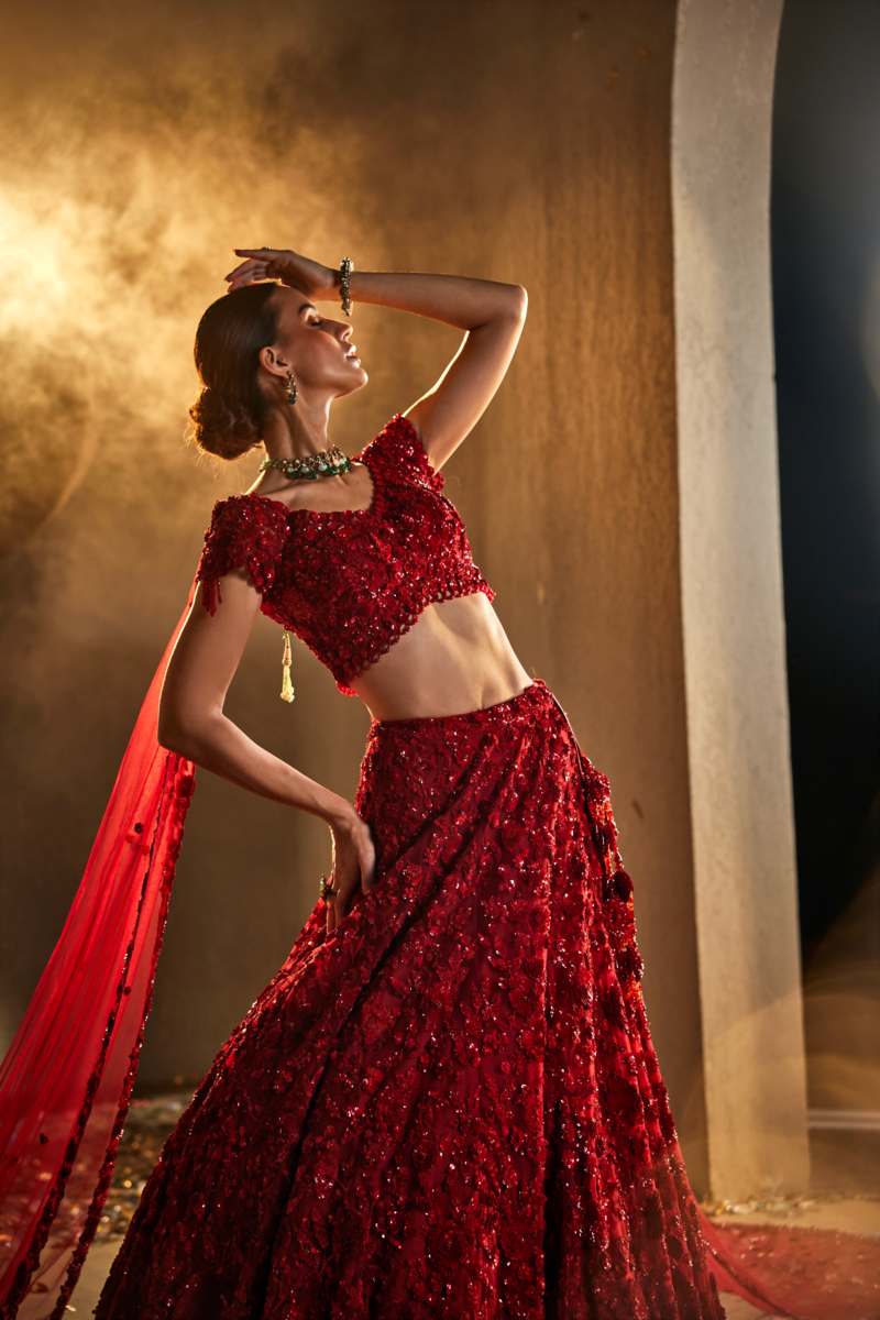 ELEGANT RED LEHENGA WITH EMBROIDERY TOP ATTACHED CAPE