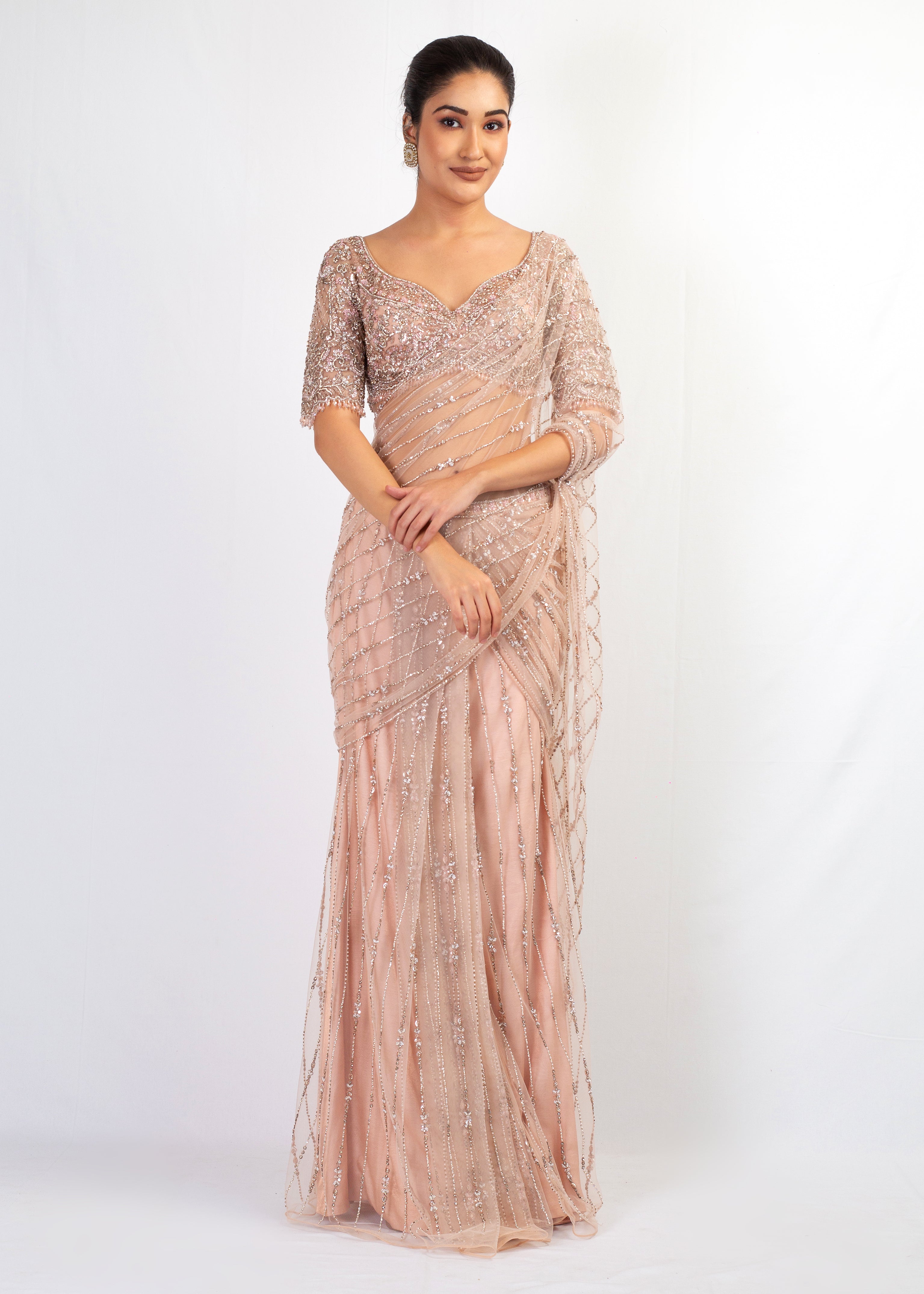 NUDE FULL EMBROIDERED STITCHED SAREE WITH FULL SLEEVES TOP