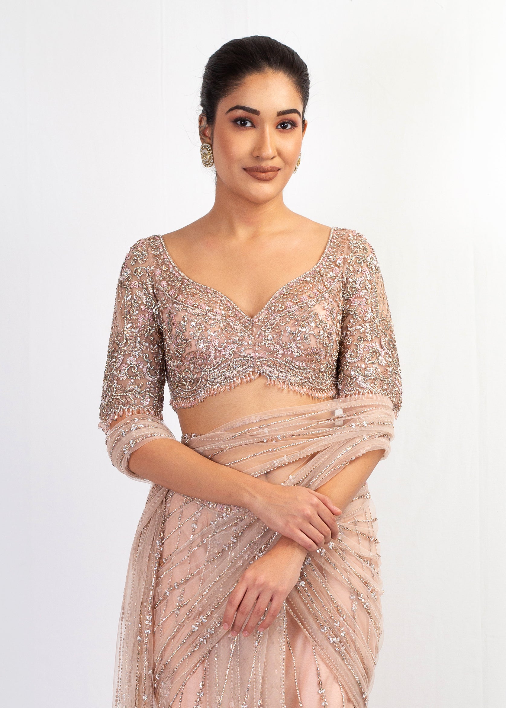 NUDE FULL EMBROIDERED STITCHED SAREE WITH FULL SLEEVES TOP