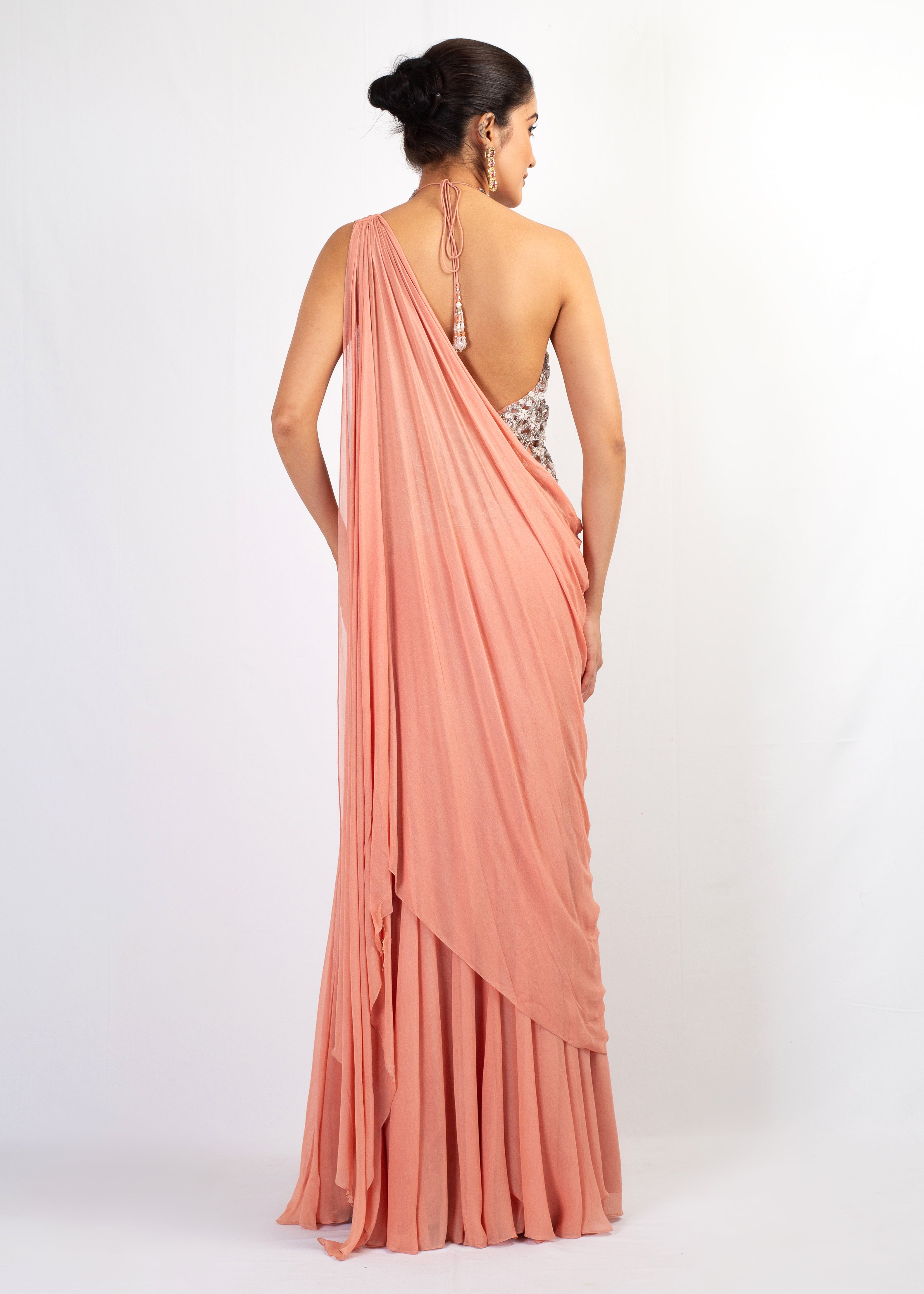 PEACH EMBROIDERY TOP WITH DRAPE SAREE