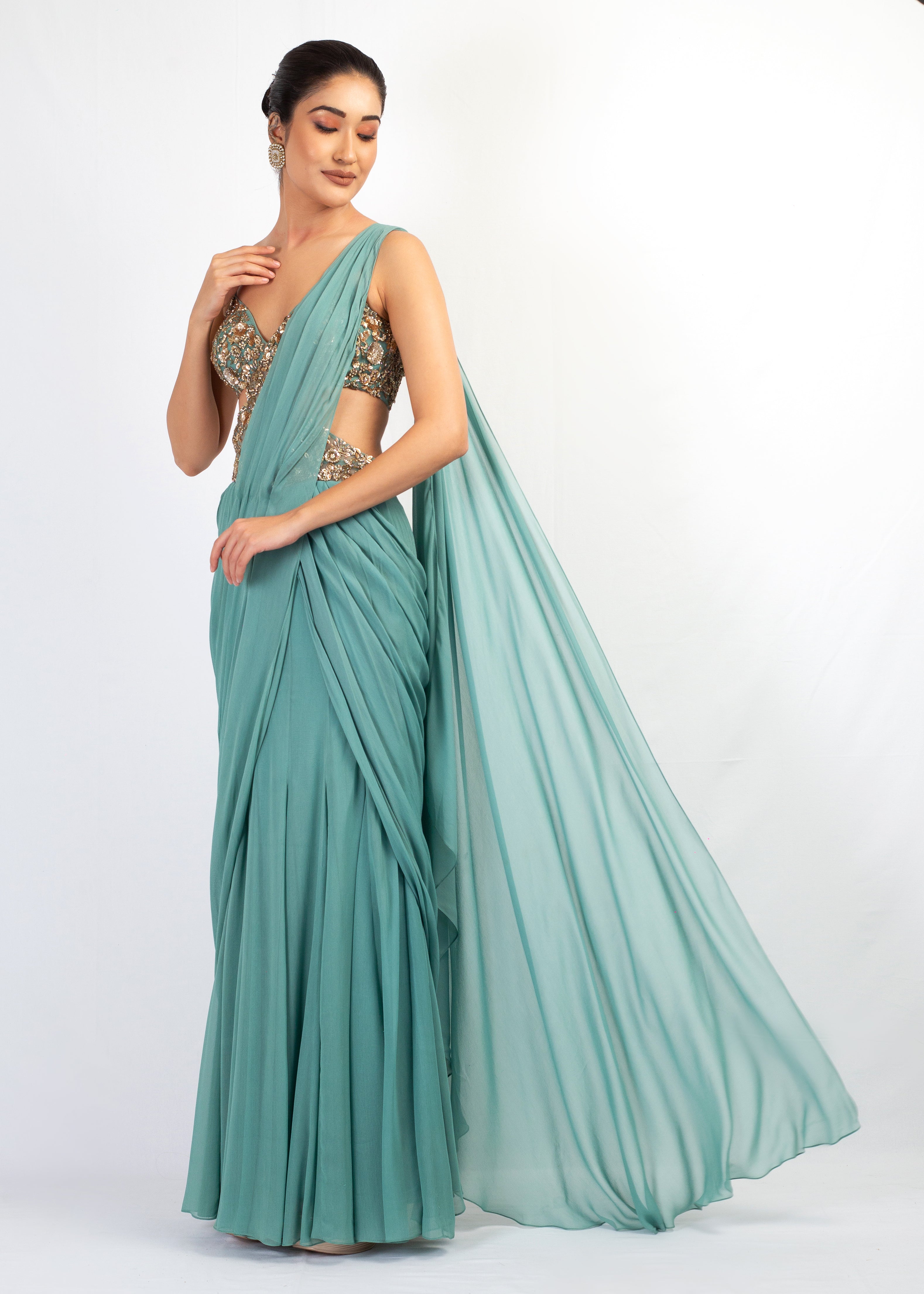 ELEGANT LIGHT BLUE SAREE WITH STYLISH EMBROIDERY TOP