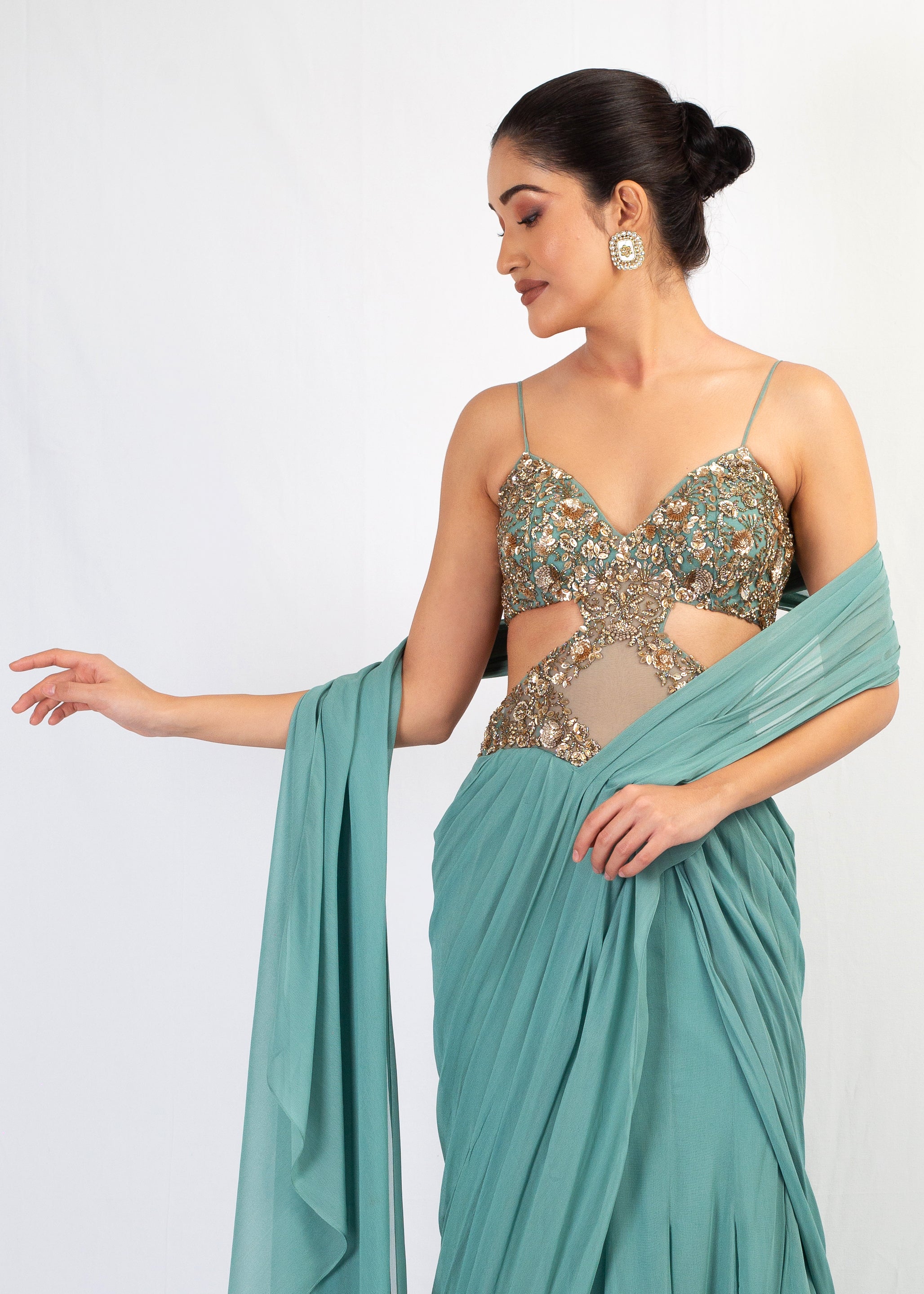 ELEGANT LIGHT BLUE SAREE WITH STYLISH EMBROIDERY TOP