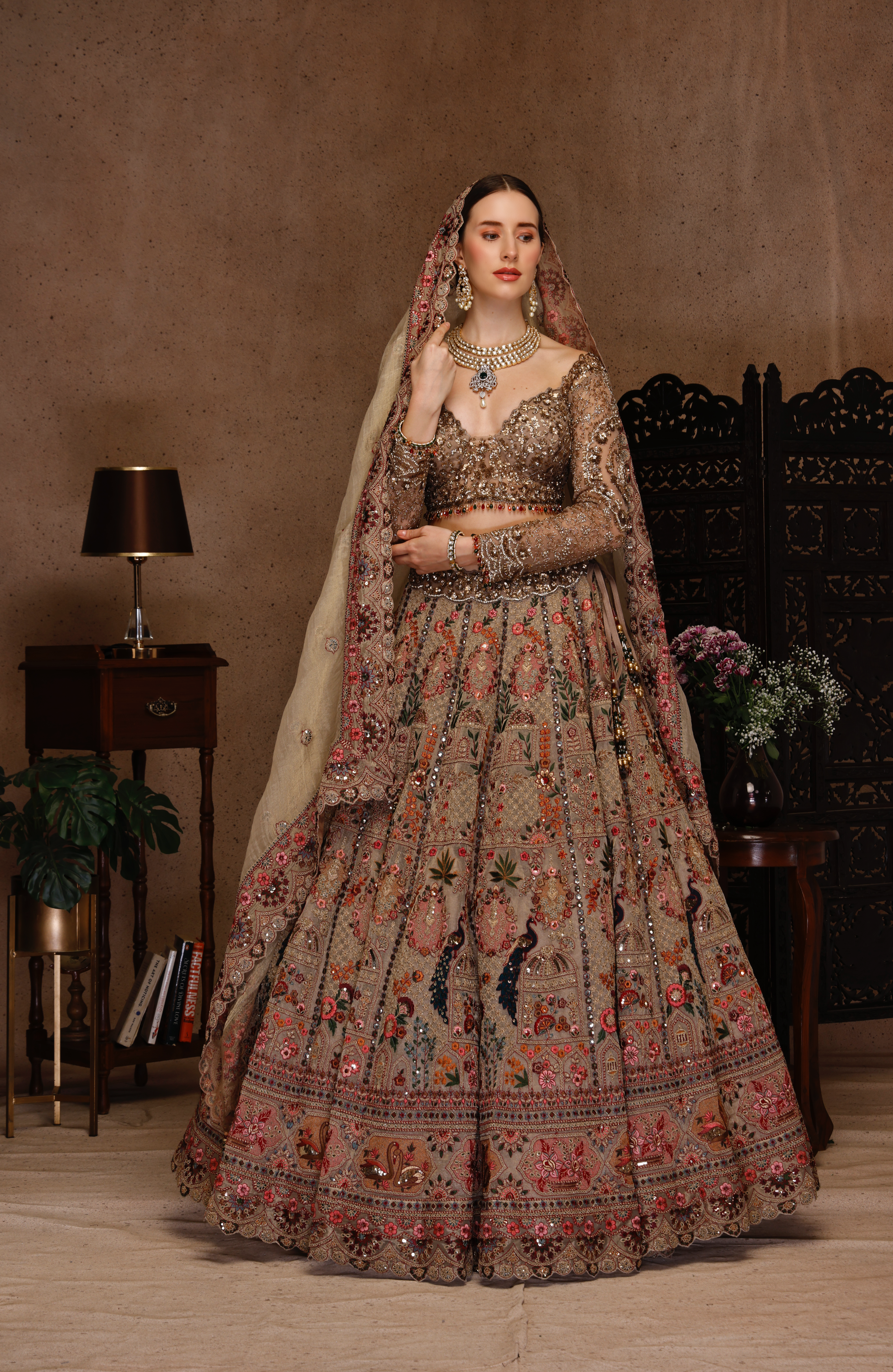 GOLD EMBROIDERY FULL SLEEVES TOP WITH SKIRT AND TISSUE DUPATTA