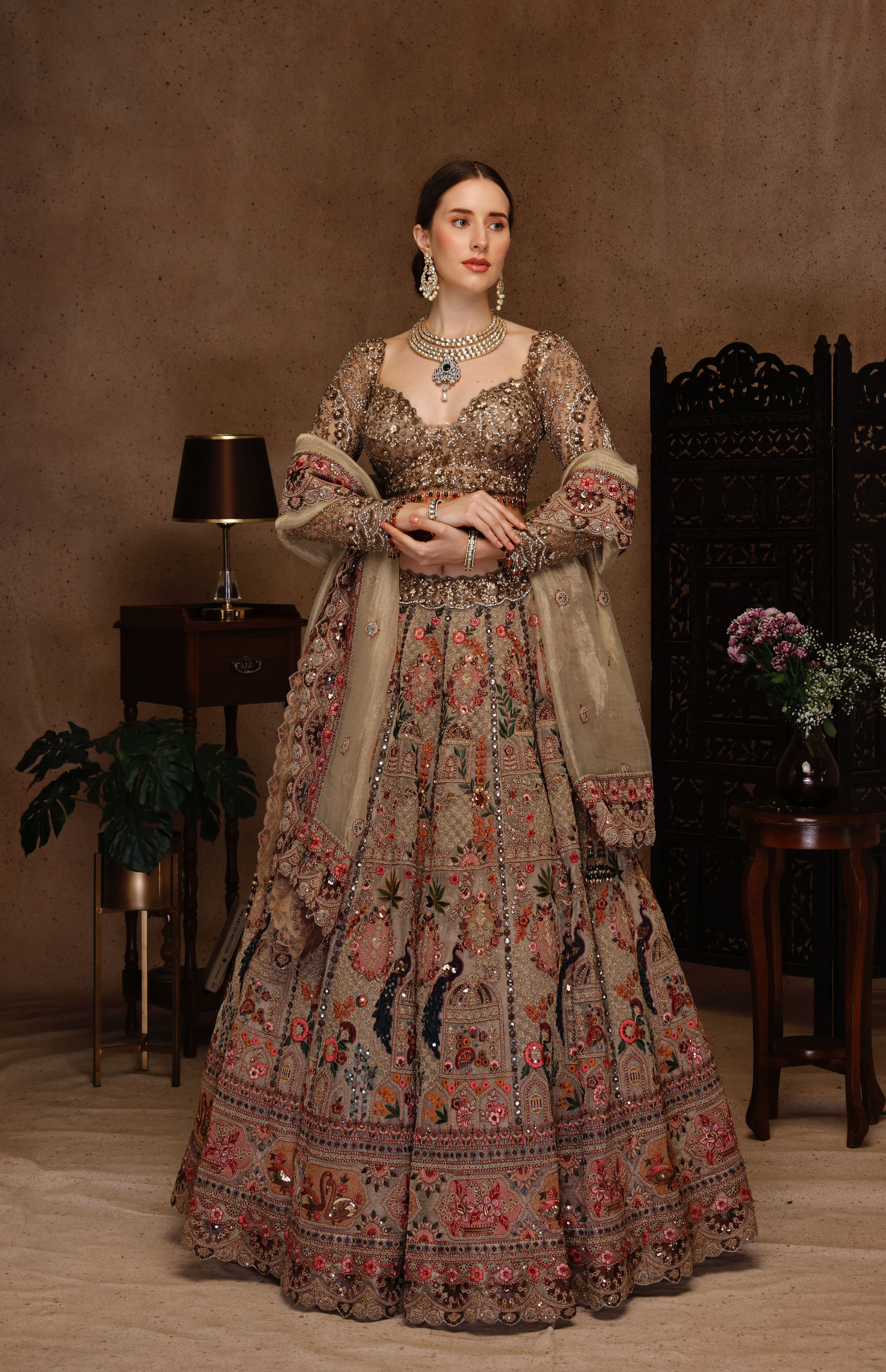 GOLD EMBROIDERY FULL SLEEVES TOP WITH SKIRT AND TISSUE DUPATTA