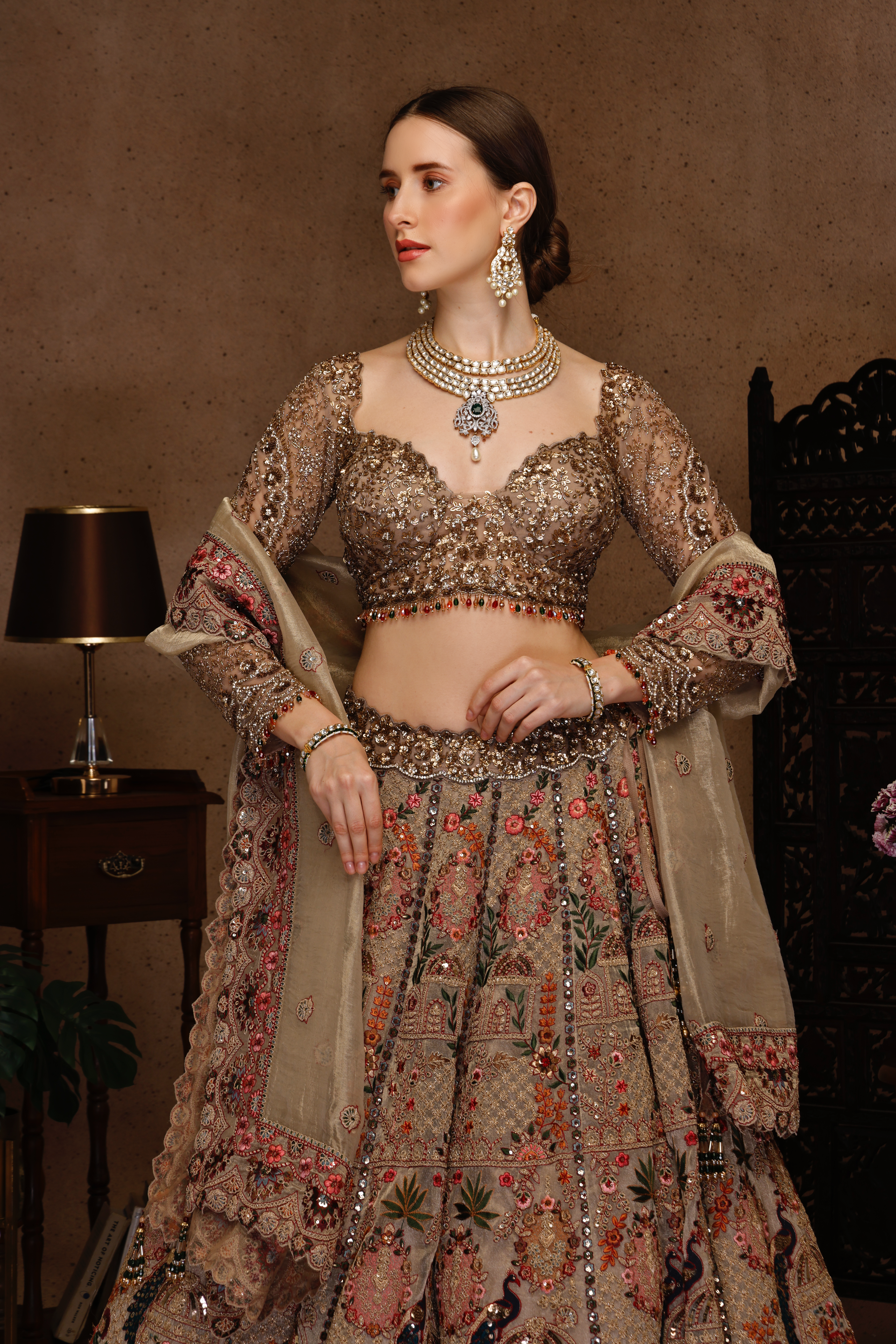 GOLD EMBROIDERY FULL SLEEVES TOP WITH SKIRT AND TISSUE DUPATTA
