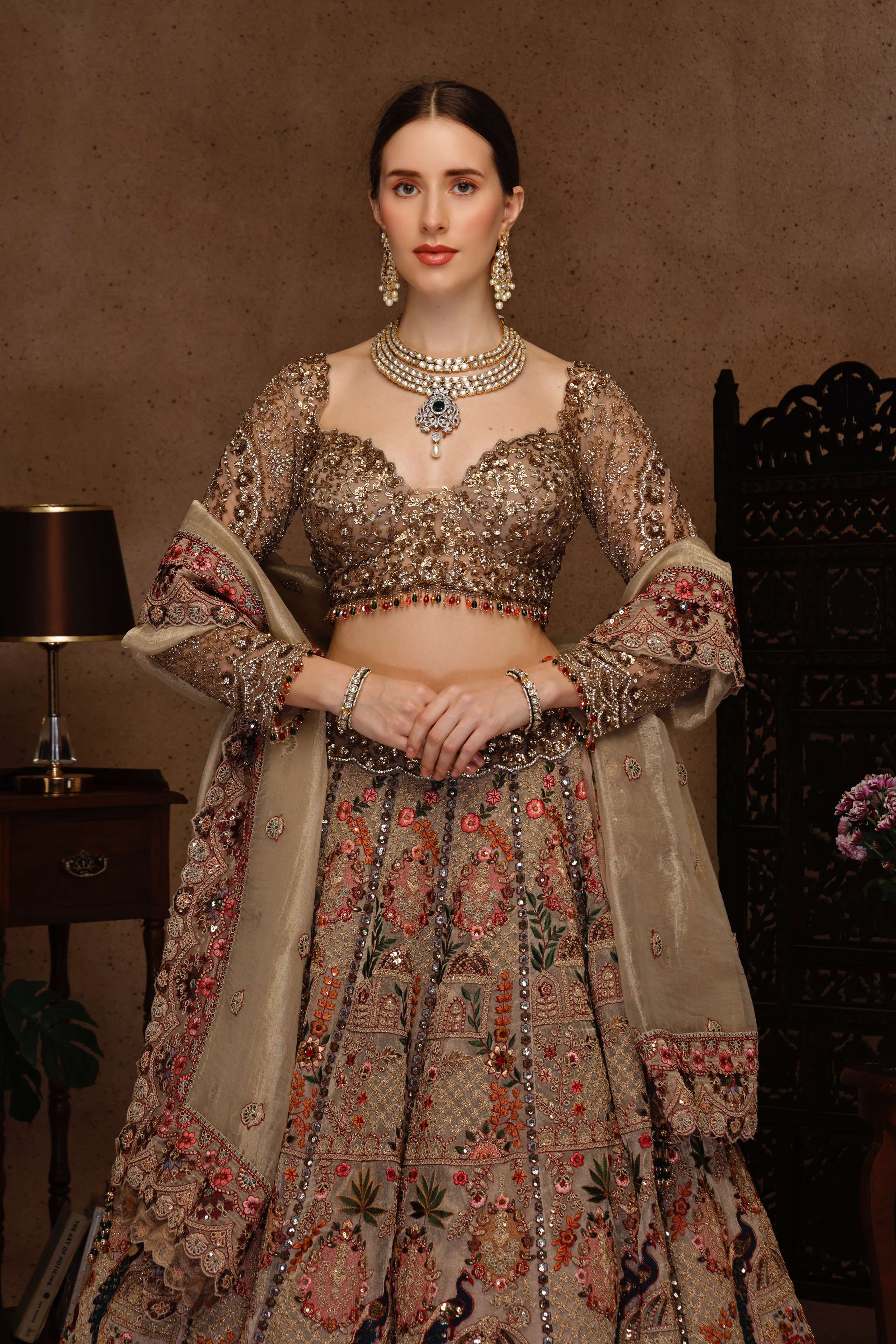GOLD EMBROIDERY FULL SLEEVES TOP WITH SKIRT AND TISSUE DUPATTA
