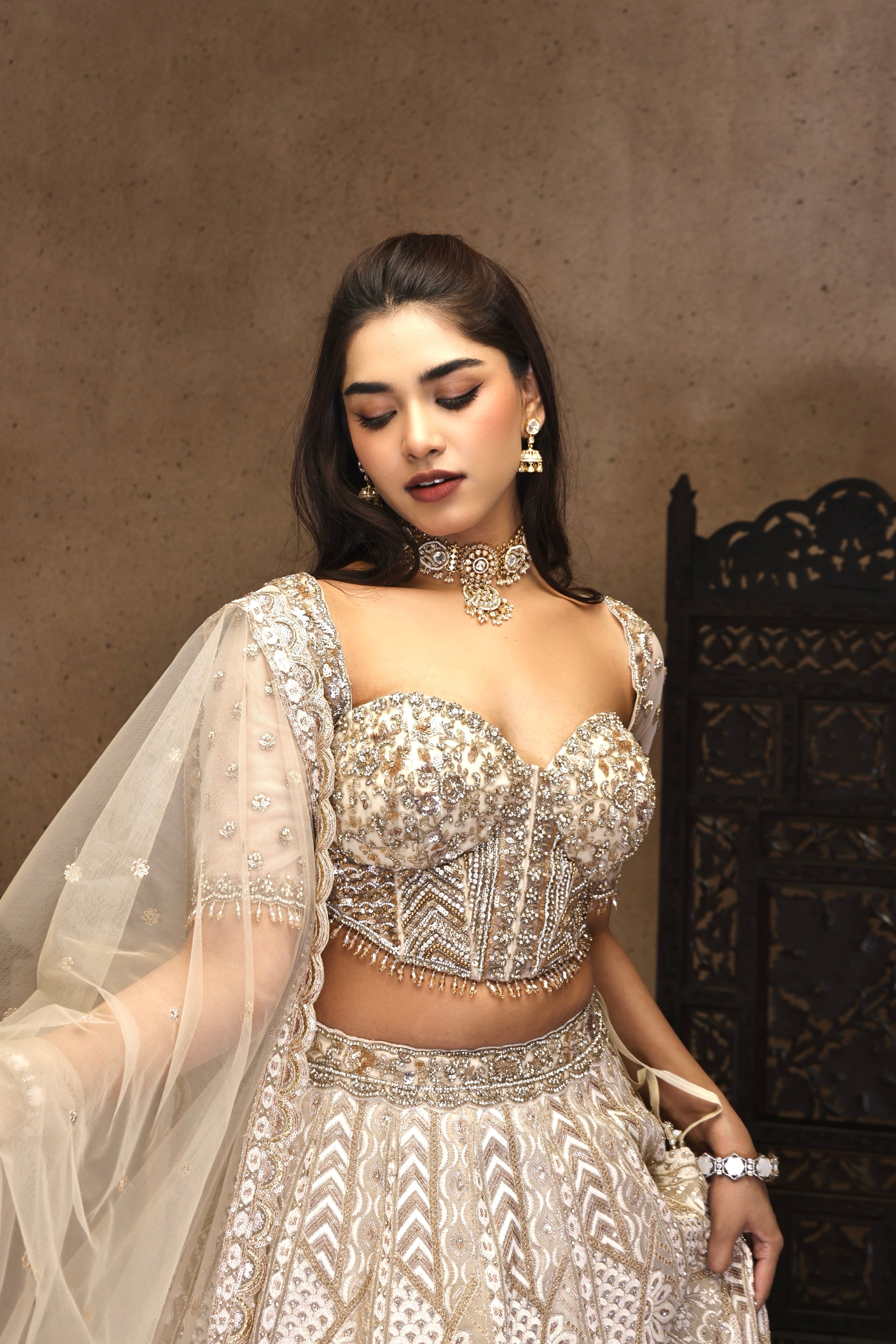 LIGHT GOLD AND IVORY EMBROIDERY TOP WITH EMBROIDERY SKIRT AND NET DUPATTA