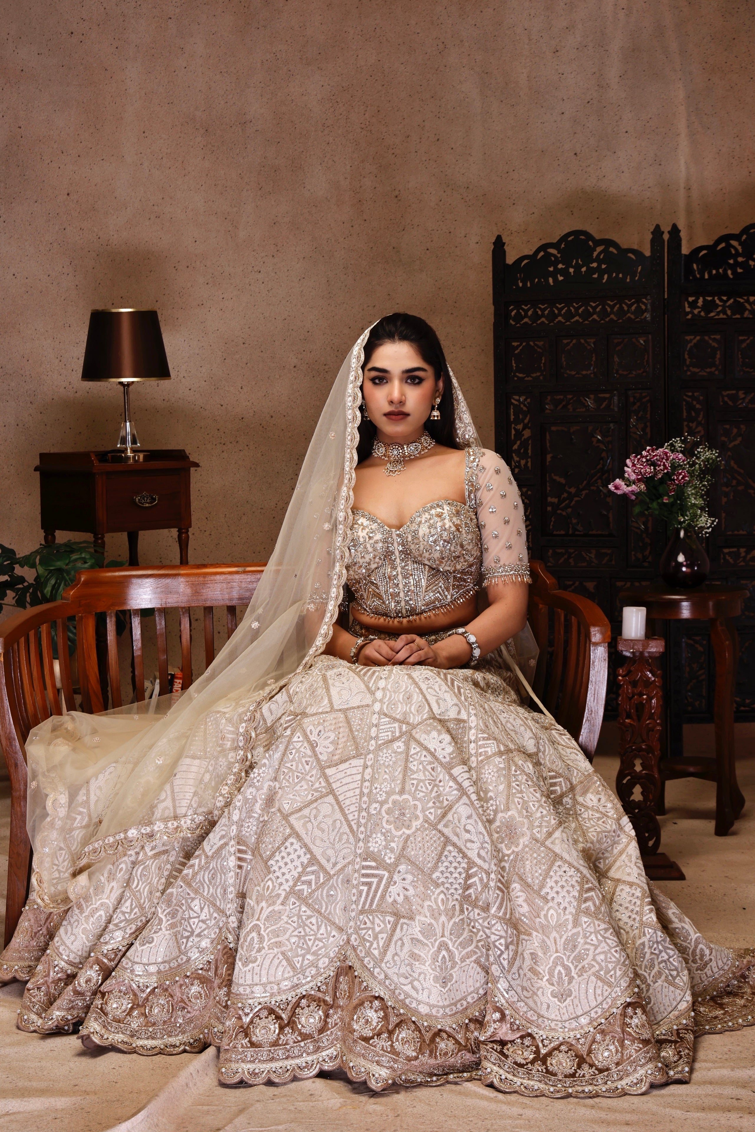 LIGHT GOLD AND IVORY EMBROIDERY TOP WITH EMBROIDERY SKIRT AND NET DUPATTA