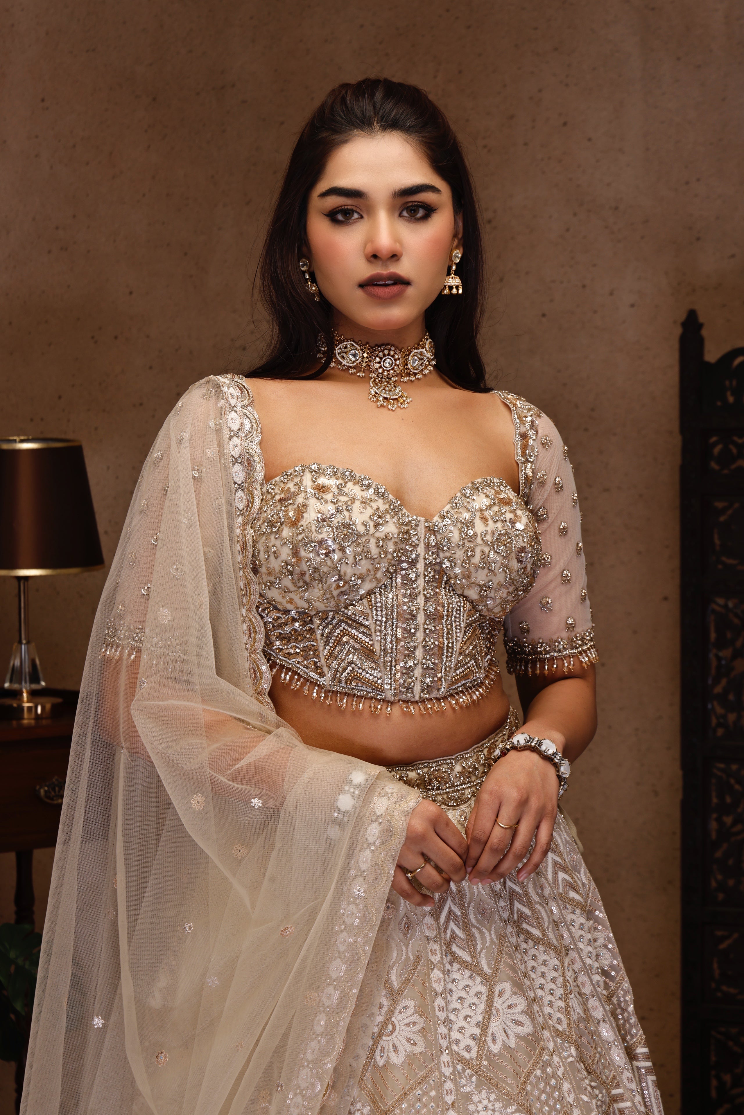 LIGHT GOLD AND IVORY EMBROIDERY TOP WITH EMBROIDERY SKIRT AND NET DUPATTA