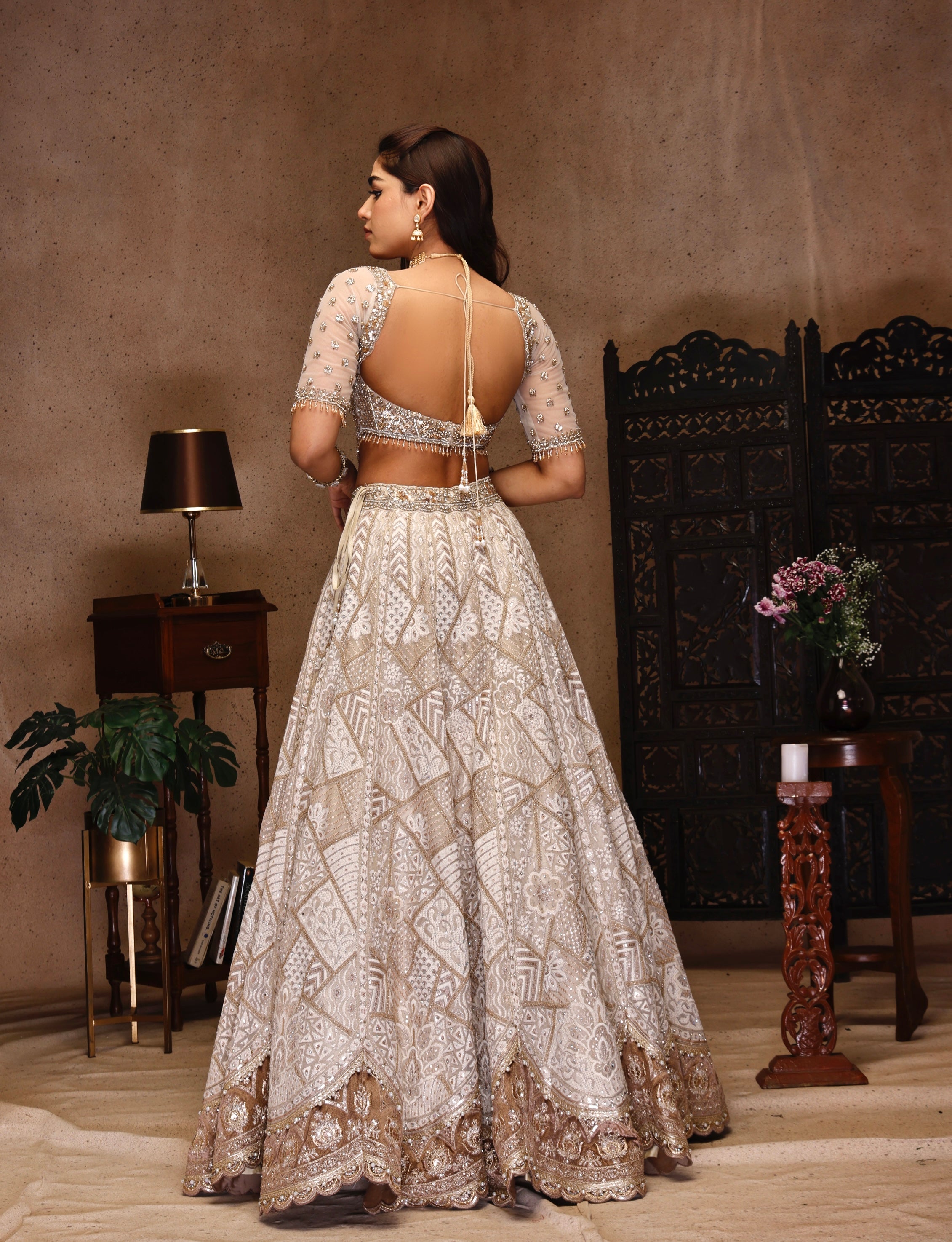 LIGHT GOLD AND IVORY EMBROIDERY TOP WITH EMBROIDERY SKIRT AND NET DUPATTA