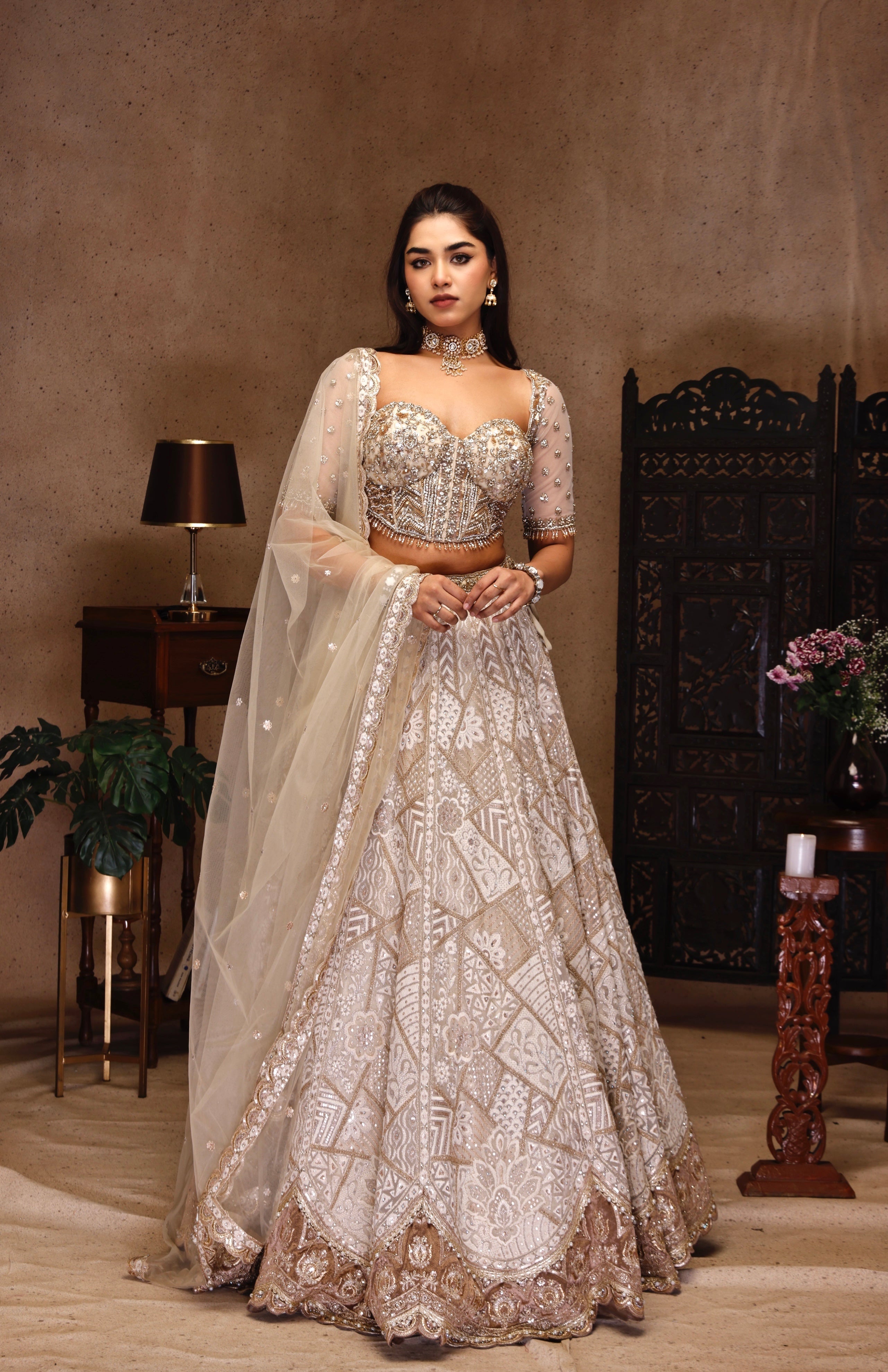 LIGHT GOLD AND IVORY EMBROIDERY TOP WITH EMBROIDERY SKIRT AND NET DUPATTA