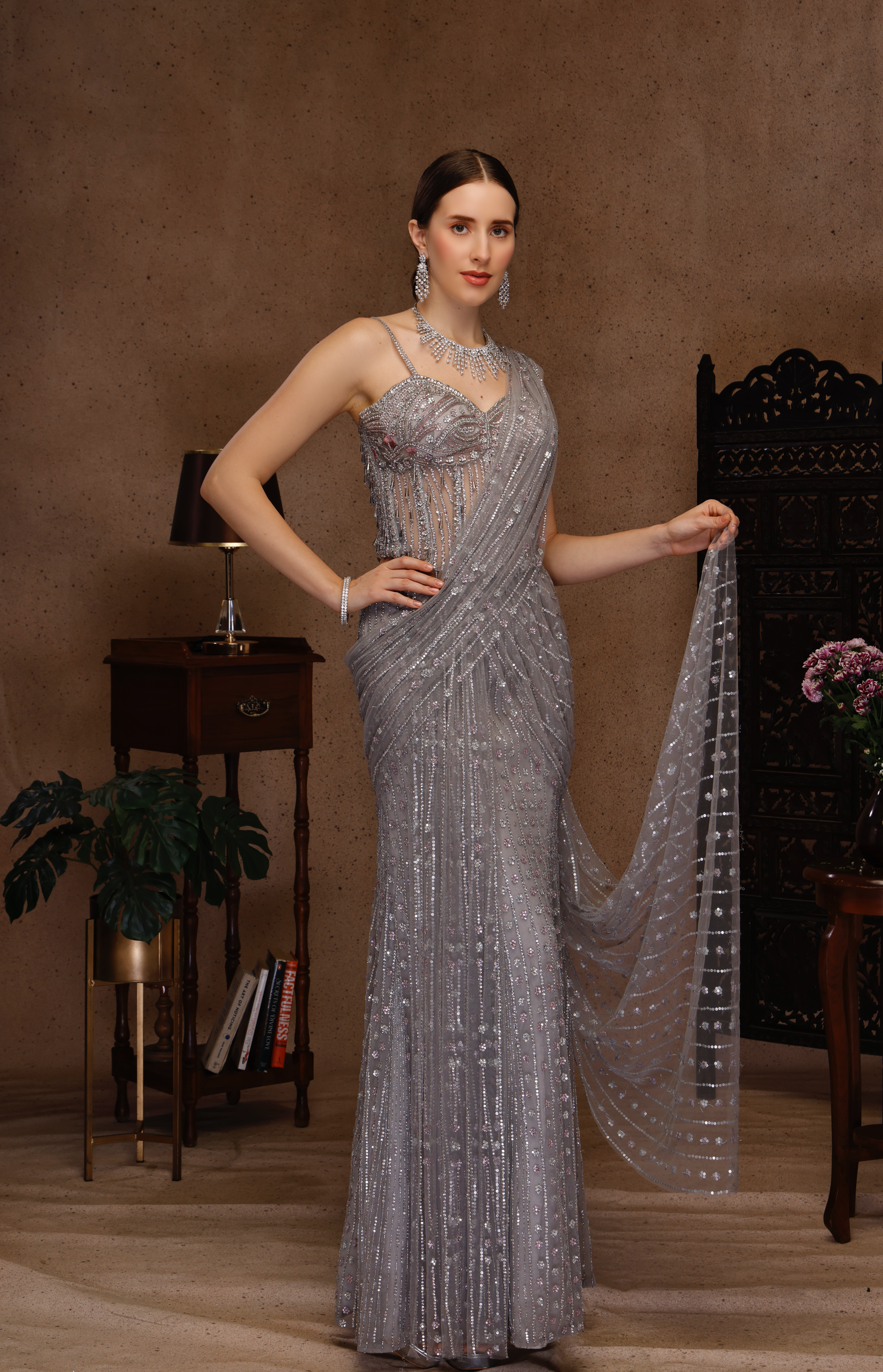 GREY STITCH SAREE WITH CORSET TOP
