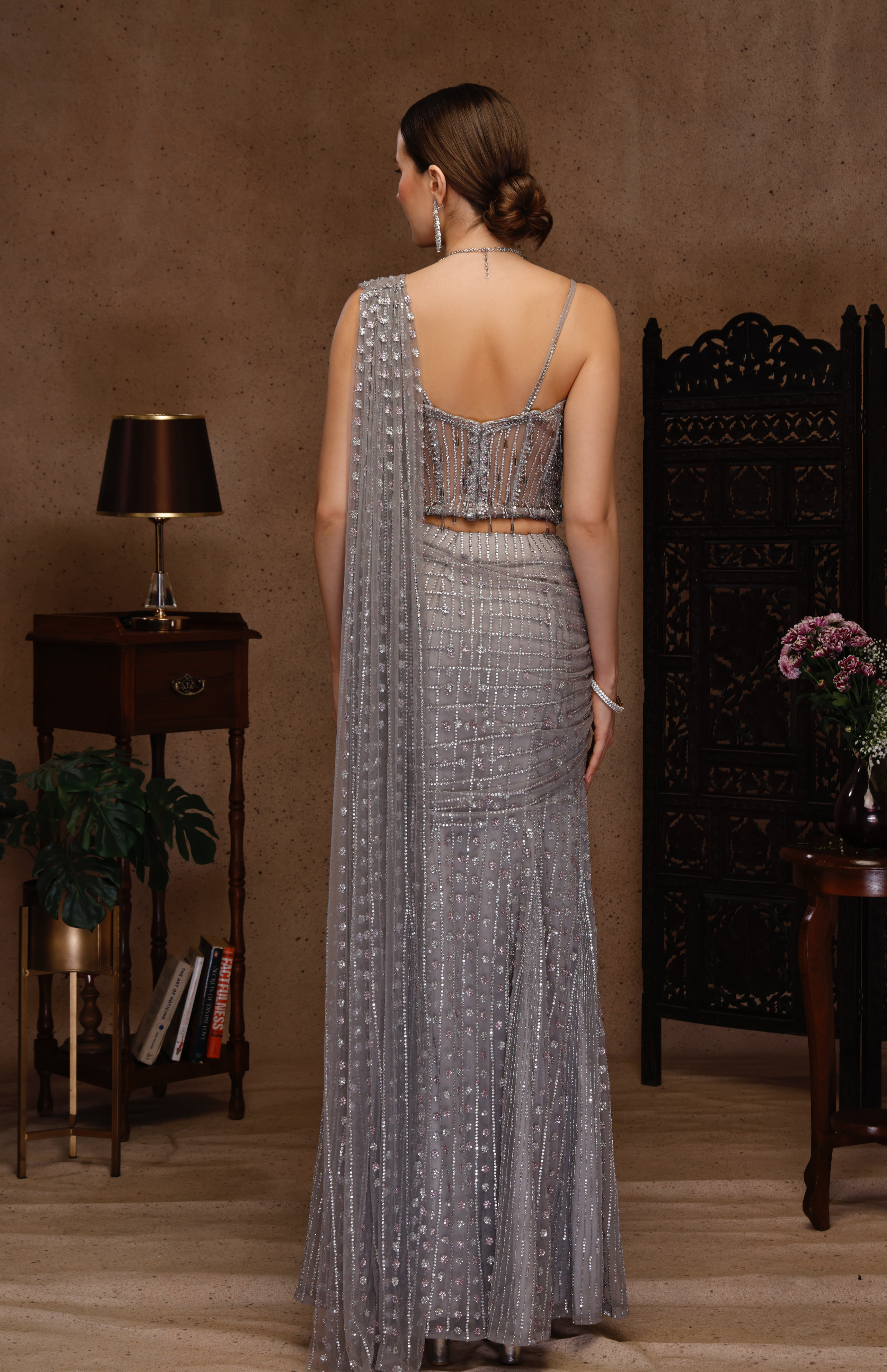 GREY STITCH SAREE WITH CORSET TOP