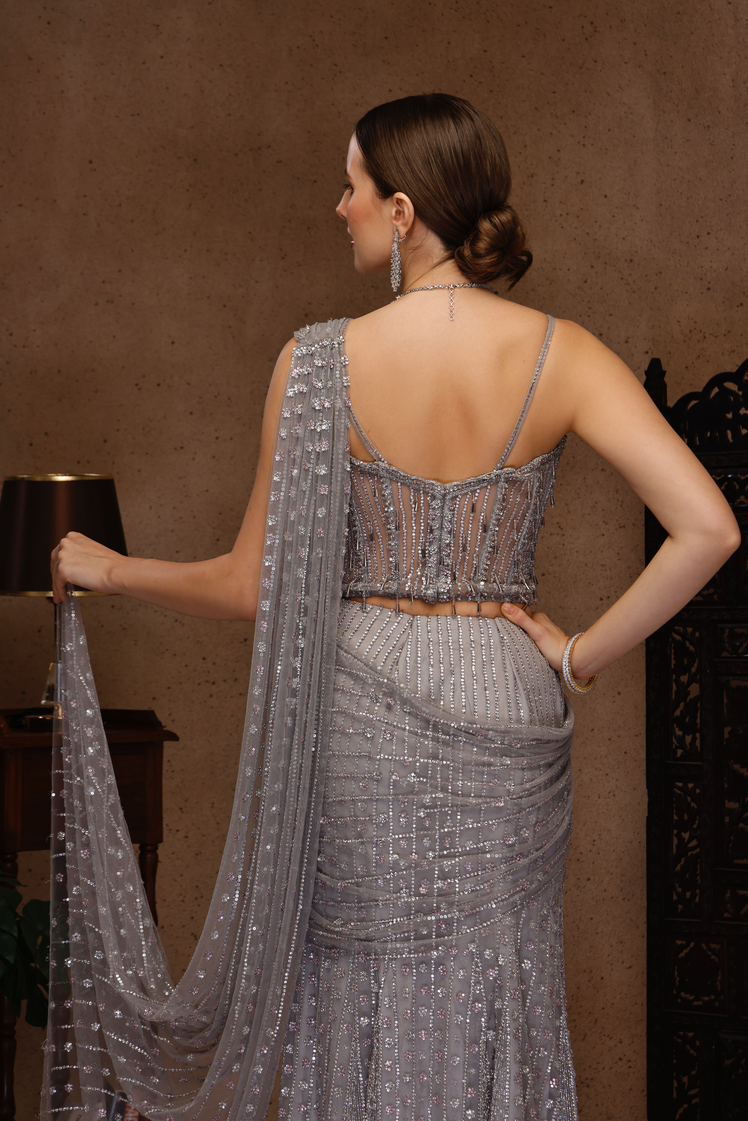 GREY STITCH SAREE WITH CORSET TOP