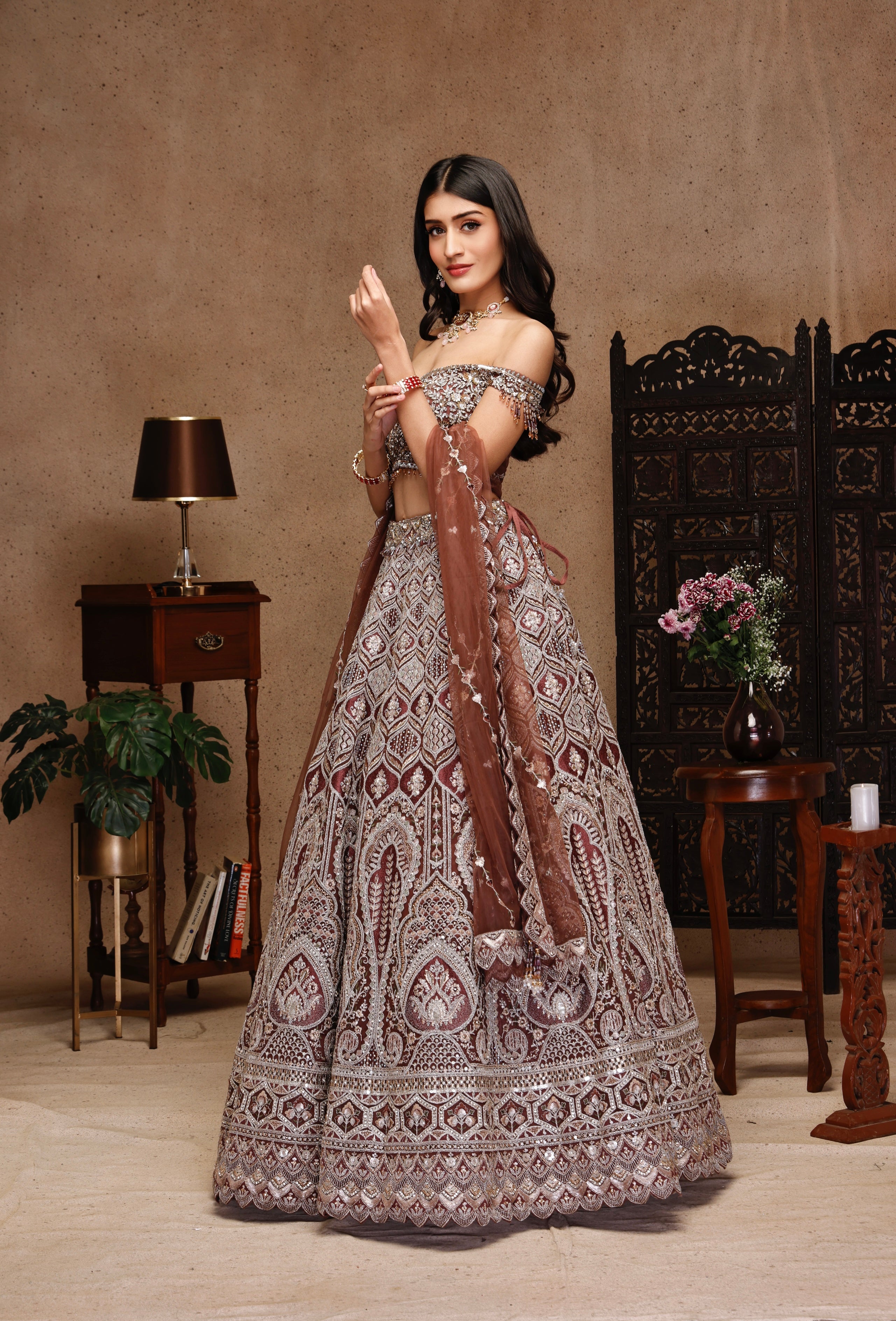 DARK NUDE EMBROIDERY TOP AND SKIRT WITH DUPATTA