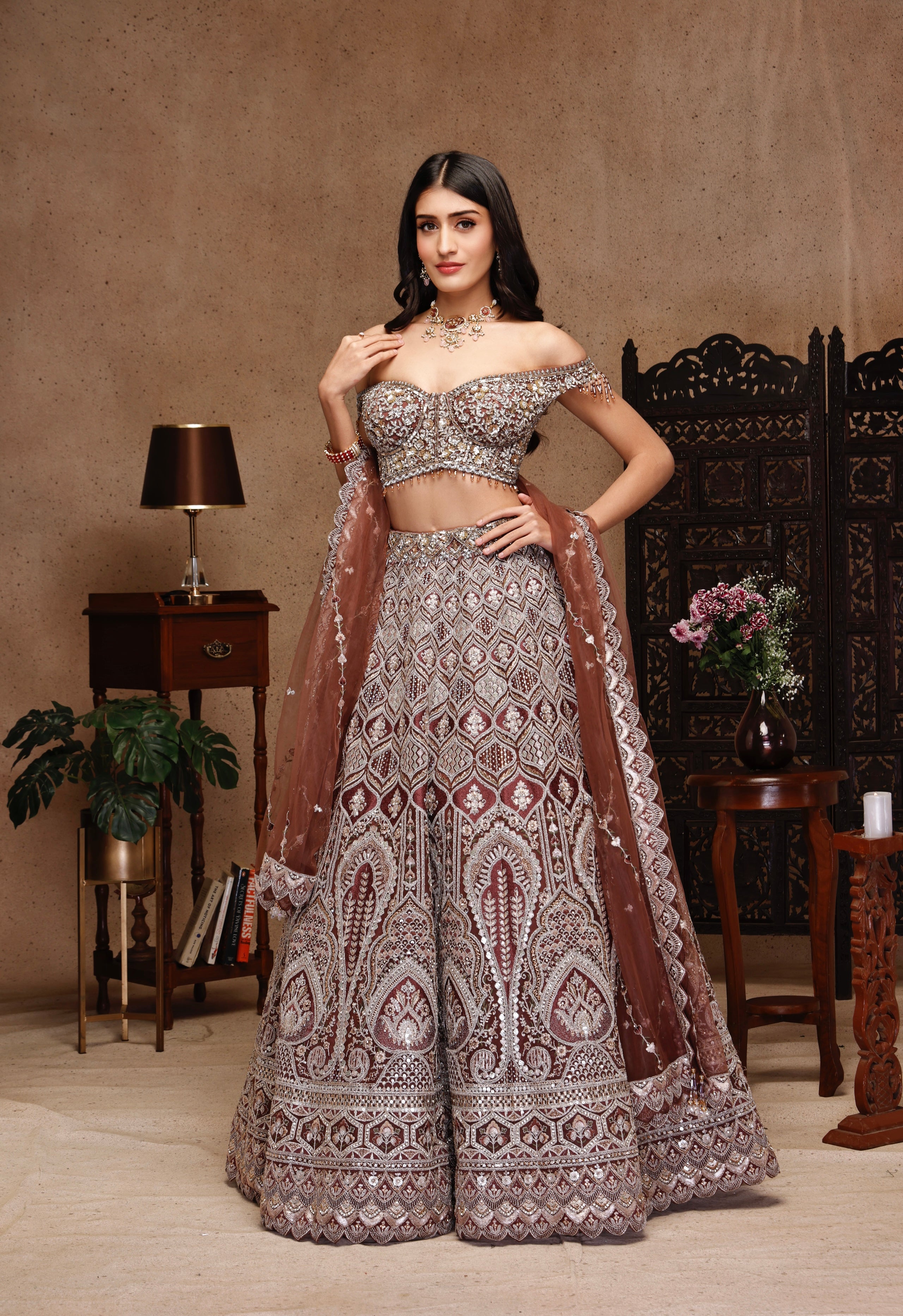 DARK NUDE EMBROIDERY TOP AND SKIRT WITH DUPATTA