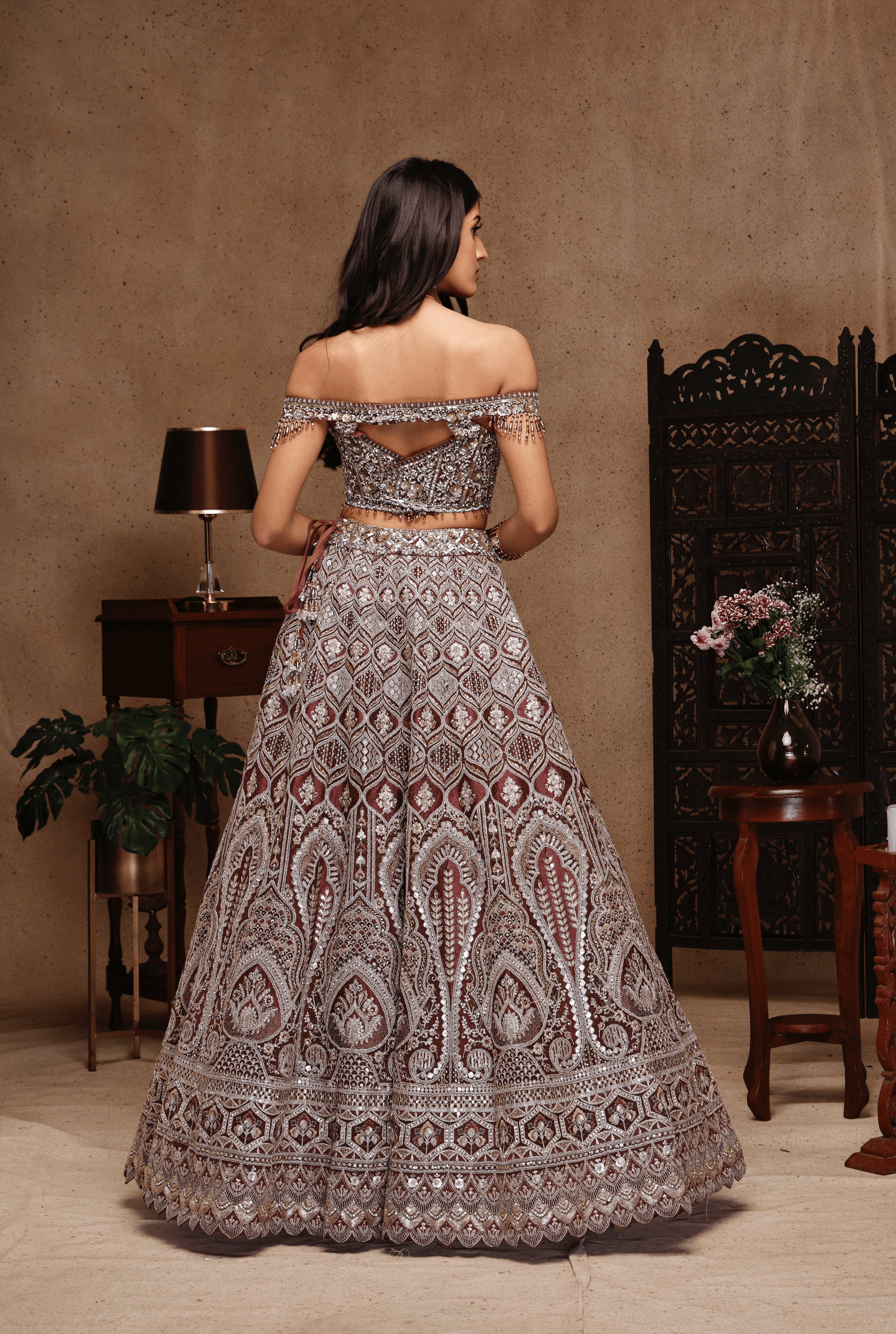 DARK NUDE EMBROIDERY TOP AND SKIRT WITH DUPATTA