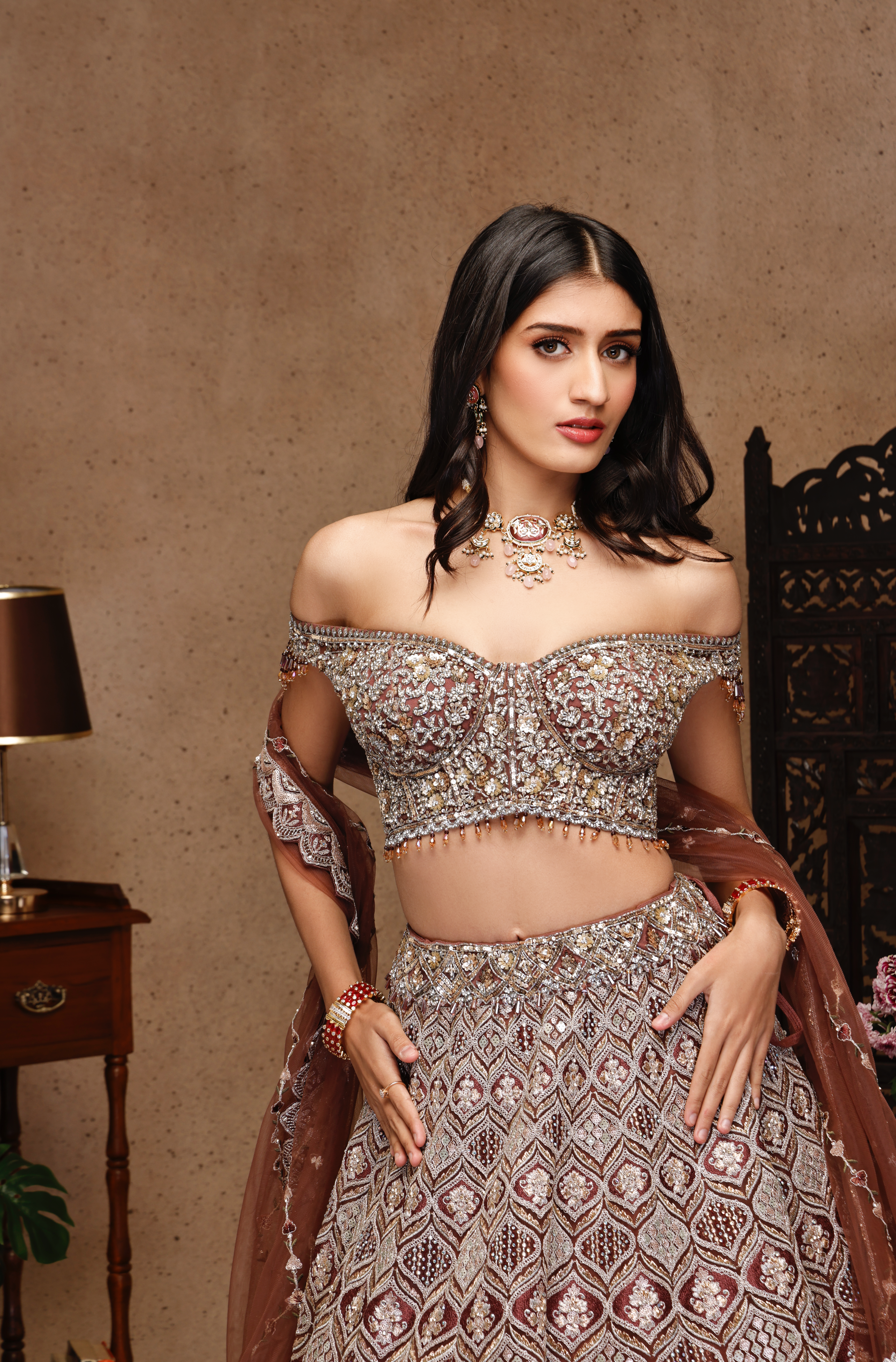 DARK NUDE EMBROIDERY TOP AND SKIRT WITH DUPATTA
