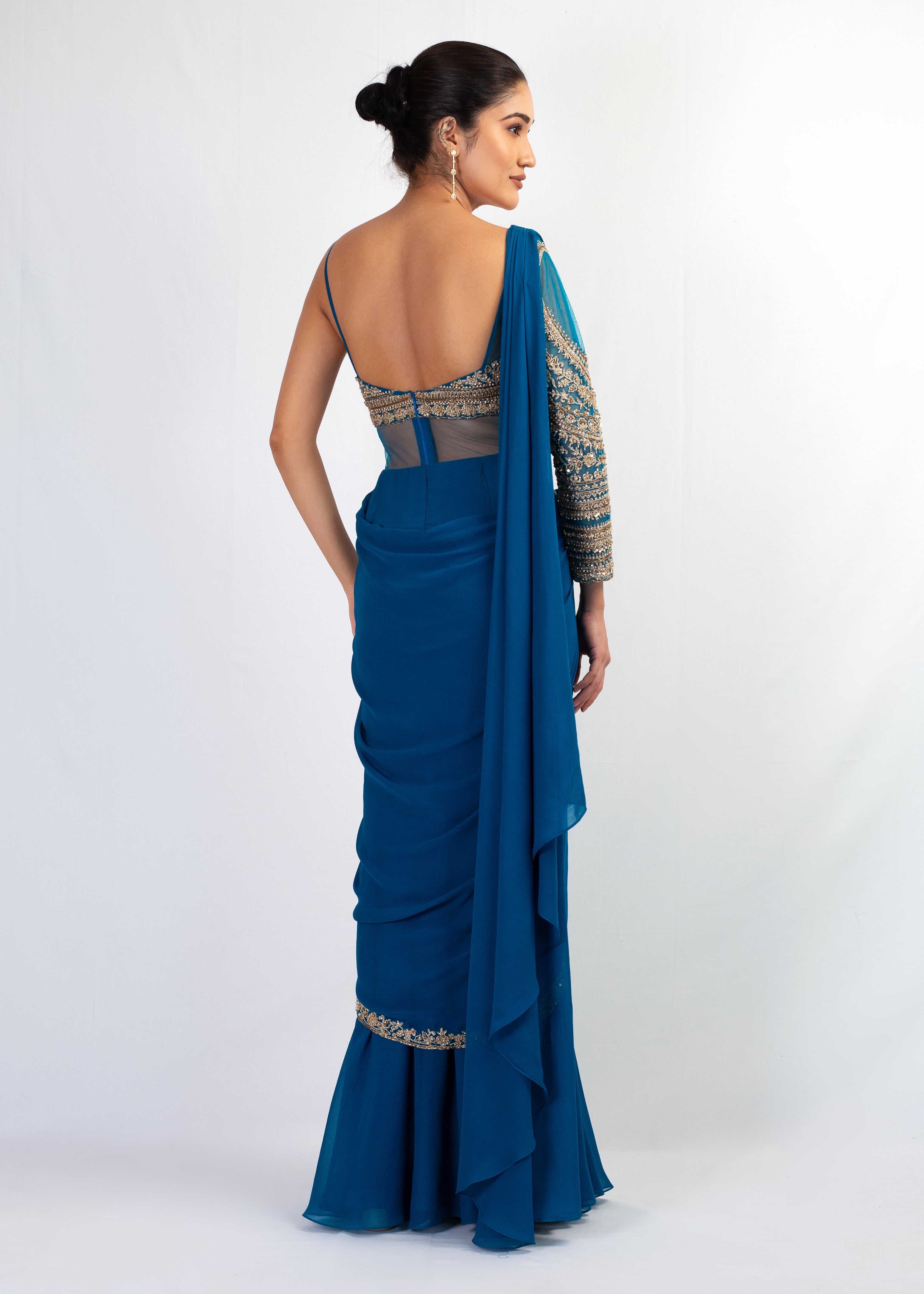 STYLISH TEAL BLUE SAREE WITH ATTACHED ONE SHOULDER TOP