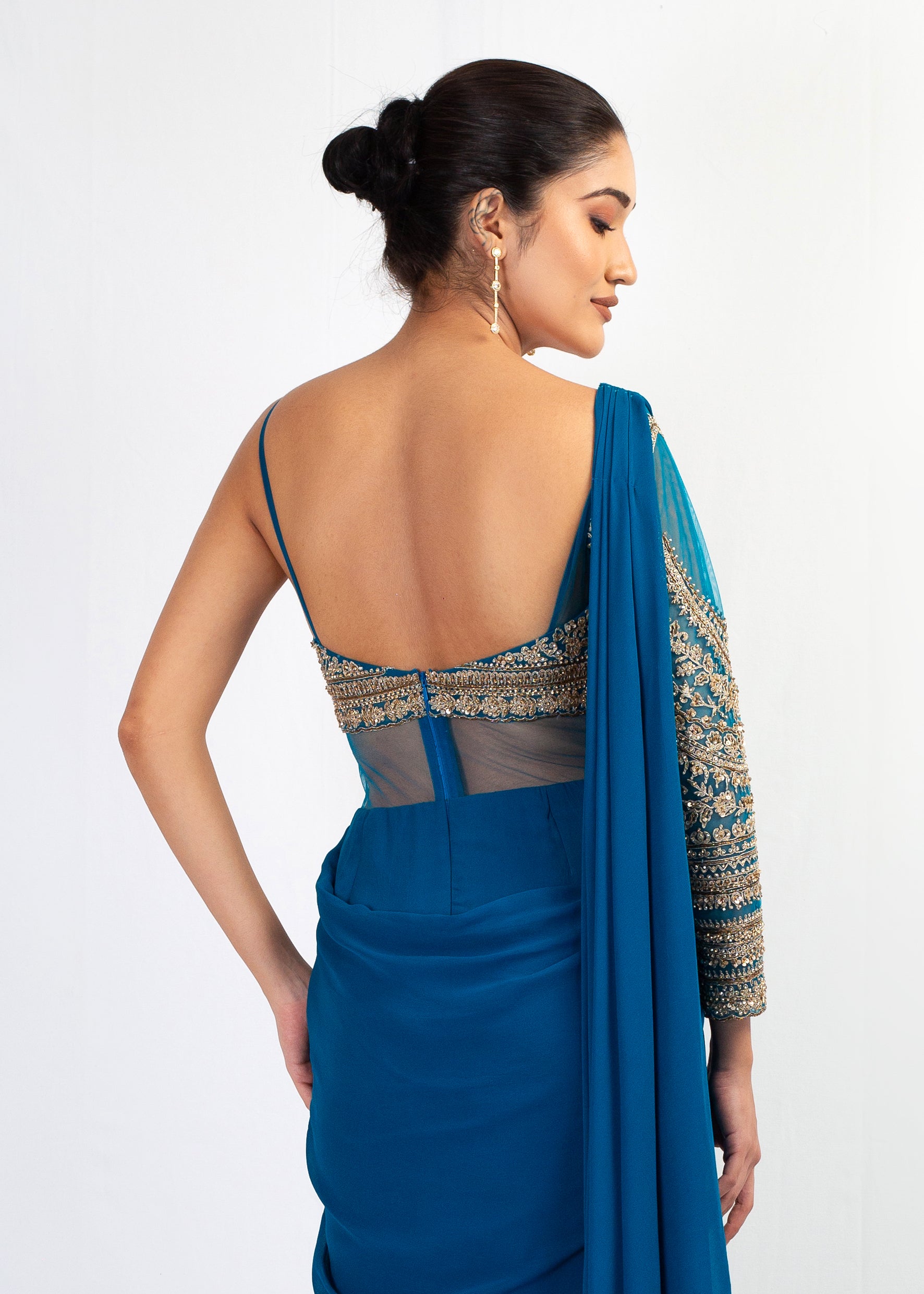 STYLISH TEAL BLUE SAREE WITH ATTACHED ONE SHOULDER TOP