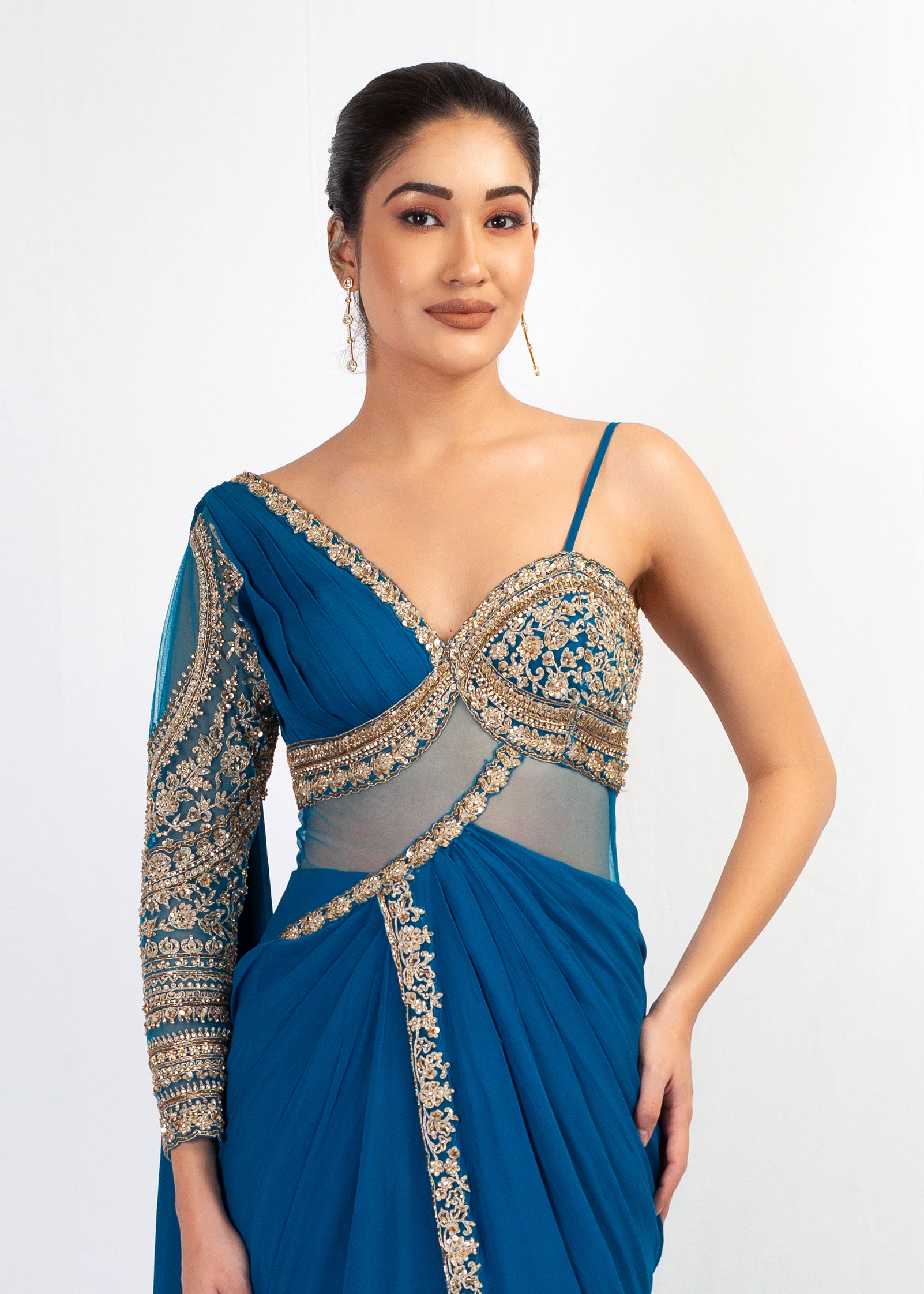 STYLISH TEAL BLUE SAREE WITH ATTACHED ONE SHOULDER TOP