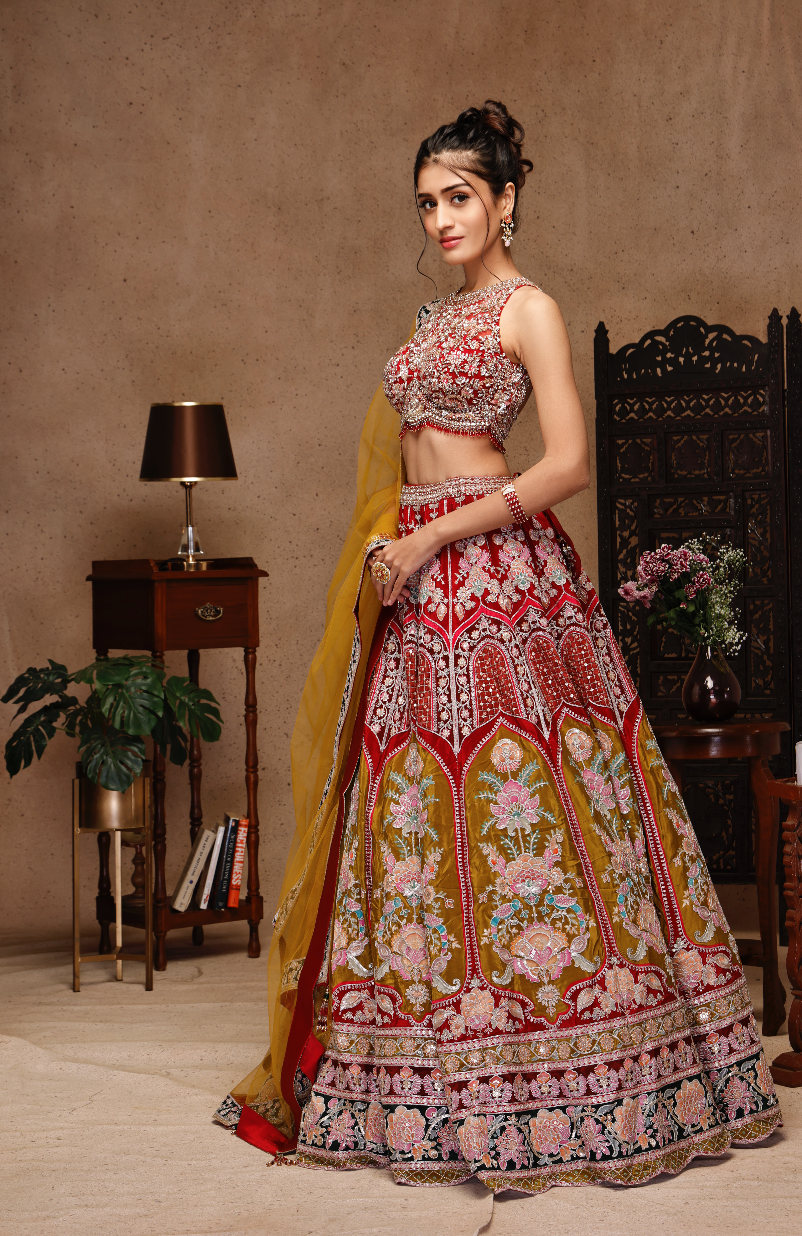 PINK EMBROIDERY TOP AND MULTI SKIRT AND DUPATTA