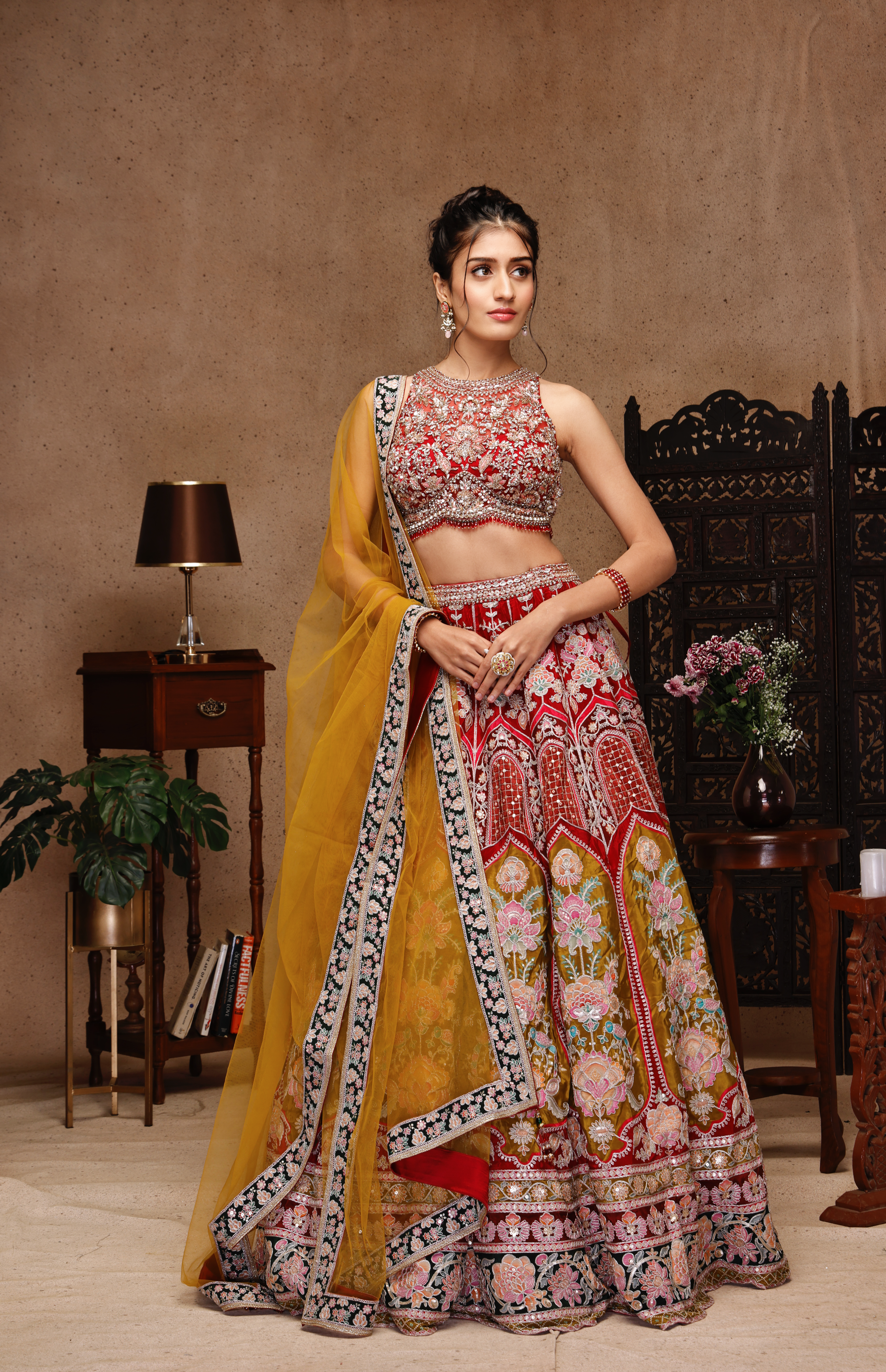 PINK EMBROIDERY TOP AND MULTI SKIRT AND DUPATTA