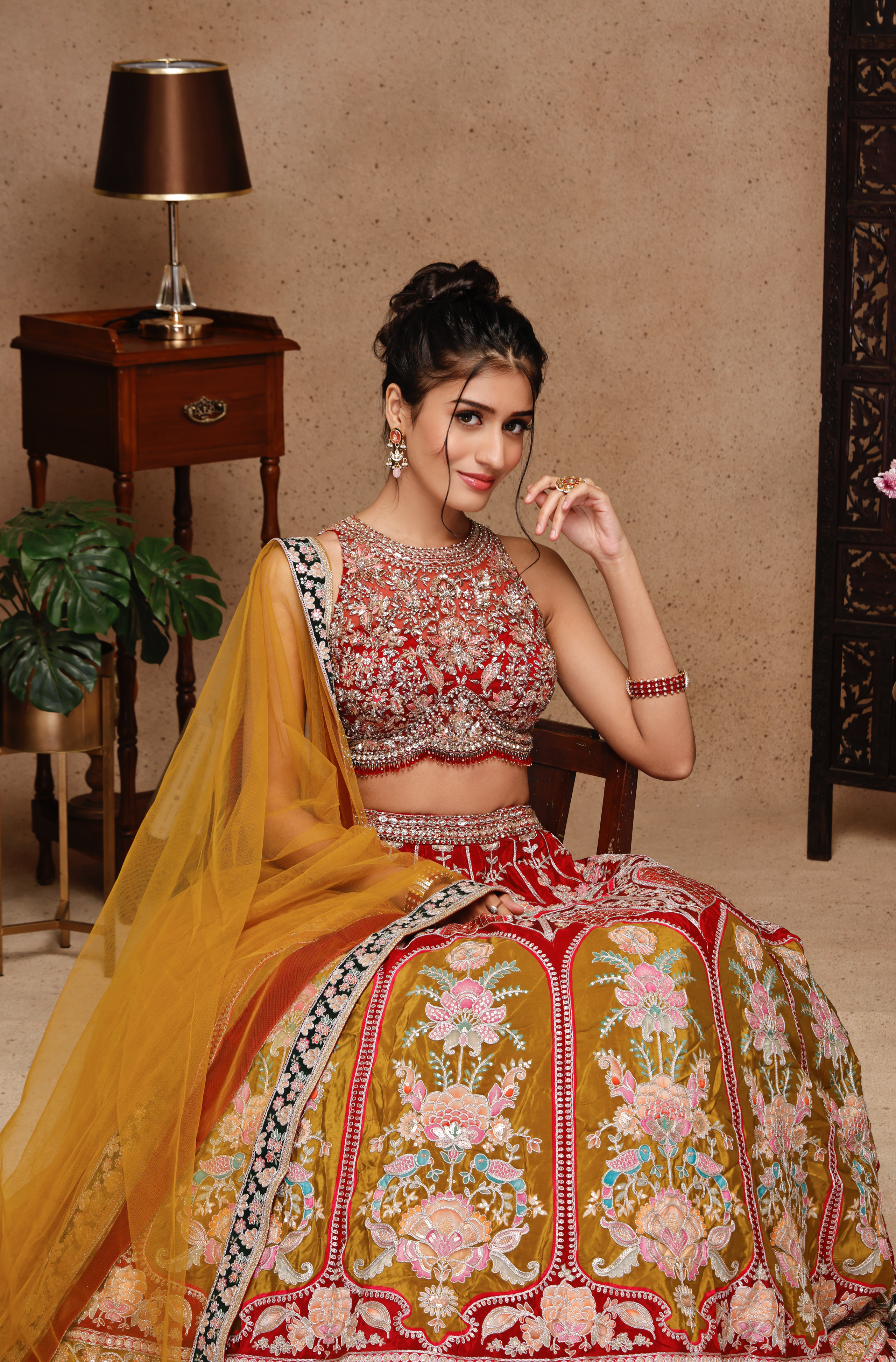 PINK EMBROIDERY TOP AND MULTI SKIRT AND DUPATTA