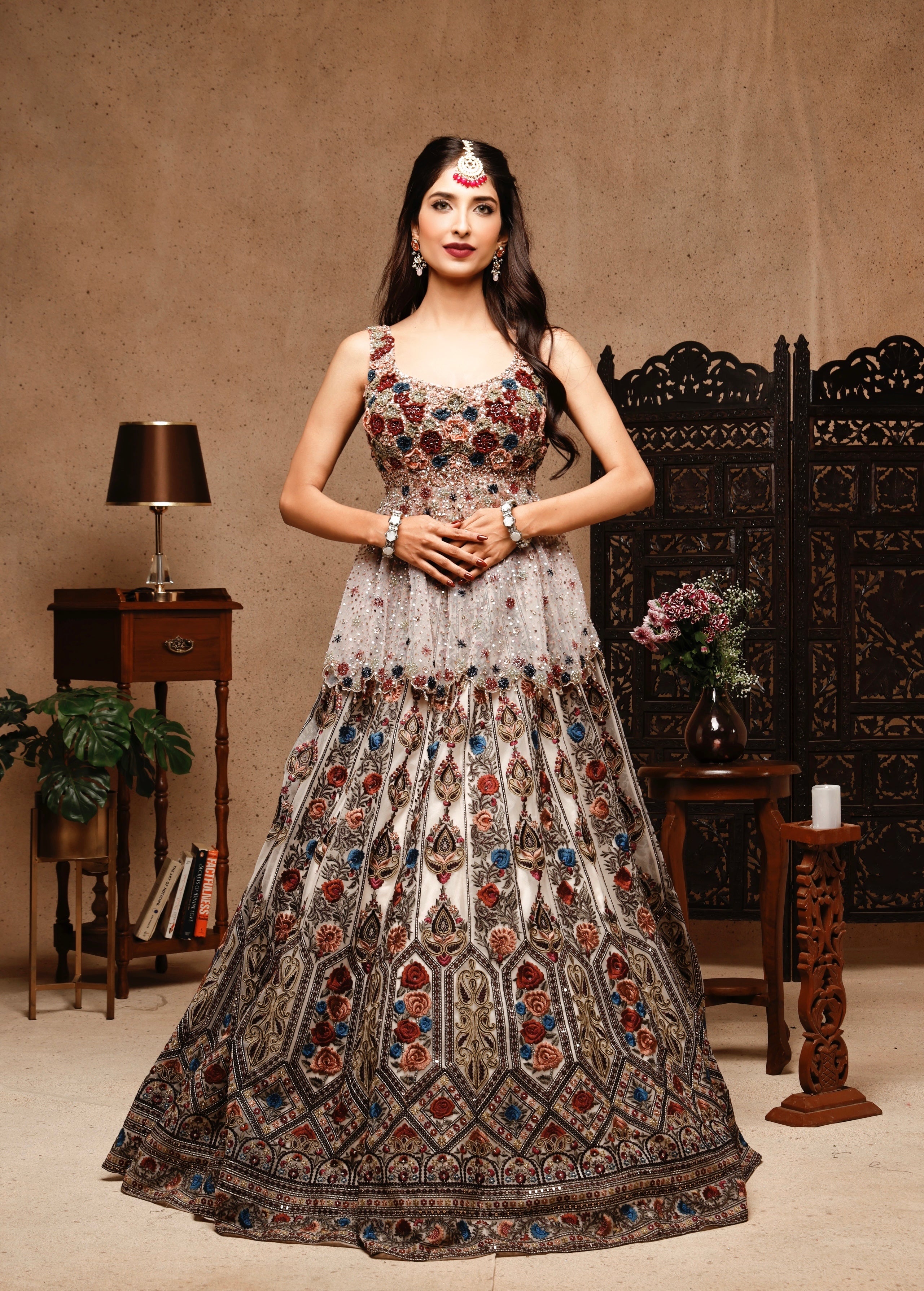 MULTI EMBROIDERY PEPLUM AND SKIRT WITH NET DUPATTA