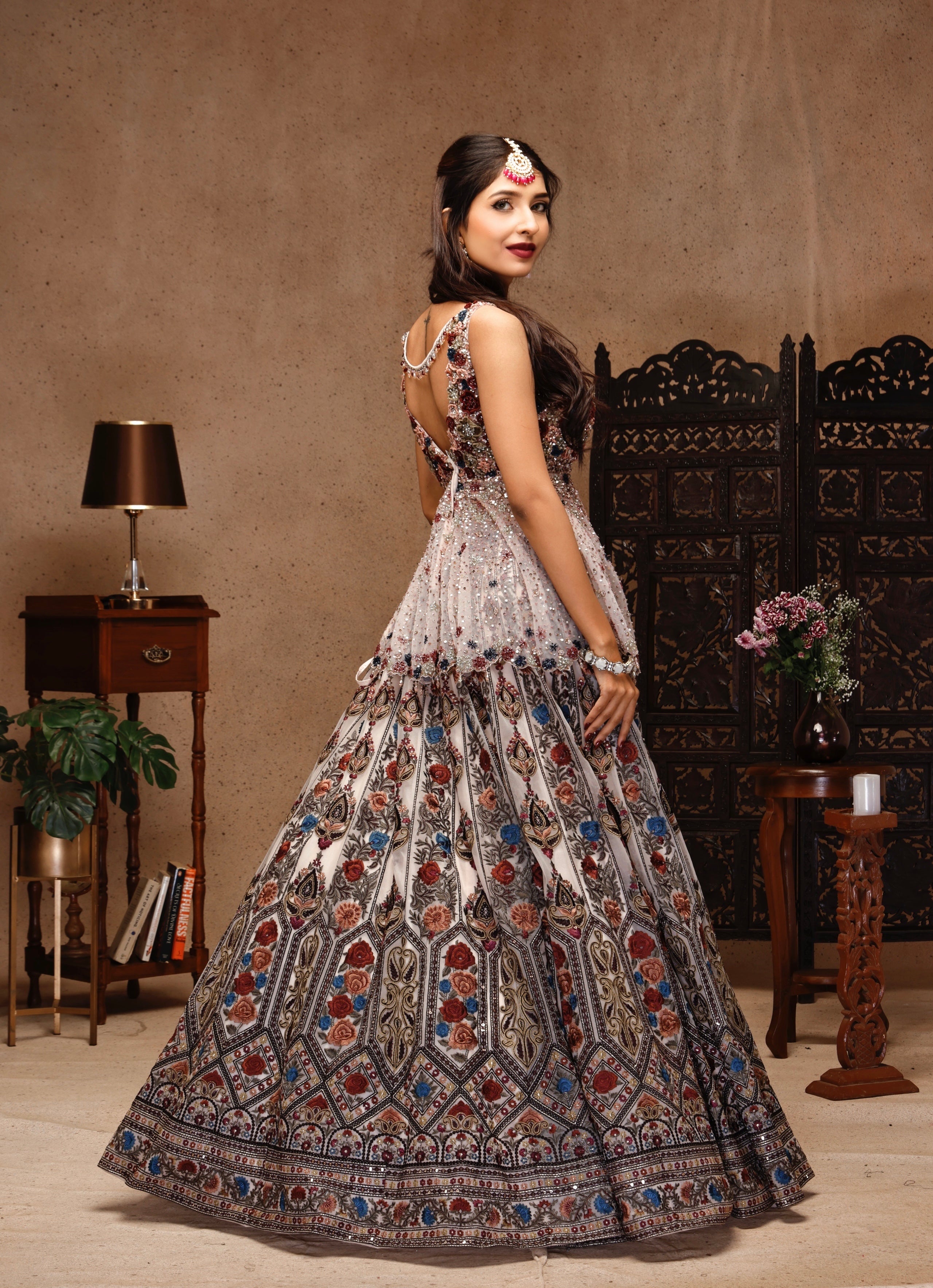 MULTI EMBROIDERY PEPLUM AND SKIRT WITH NET DUPATTA
