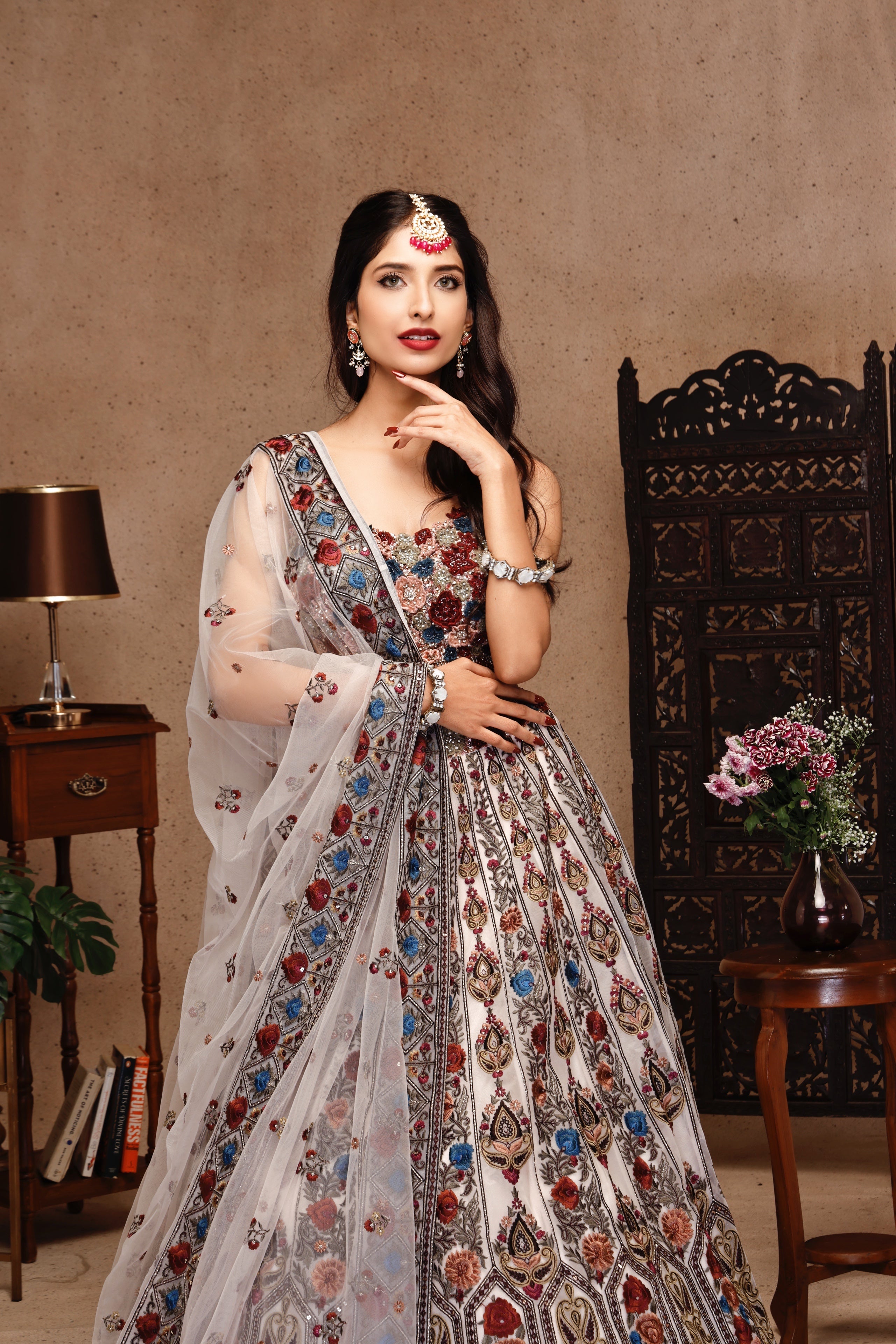 MULTI EMBROIDERY TOP AND SKIRT WITH NET DUPATTA