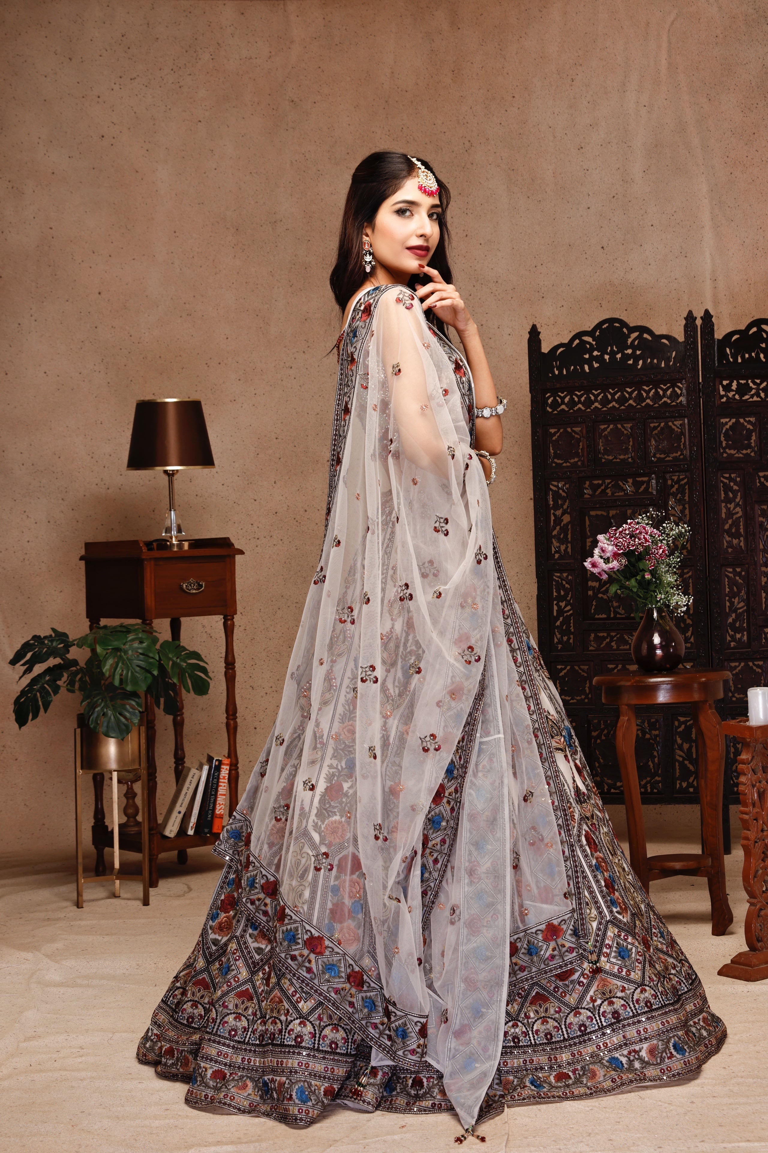 MULTI EMBROIDERY TOP AND SKIRT WITH NET DUPATTA