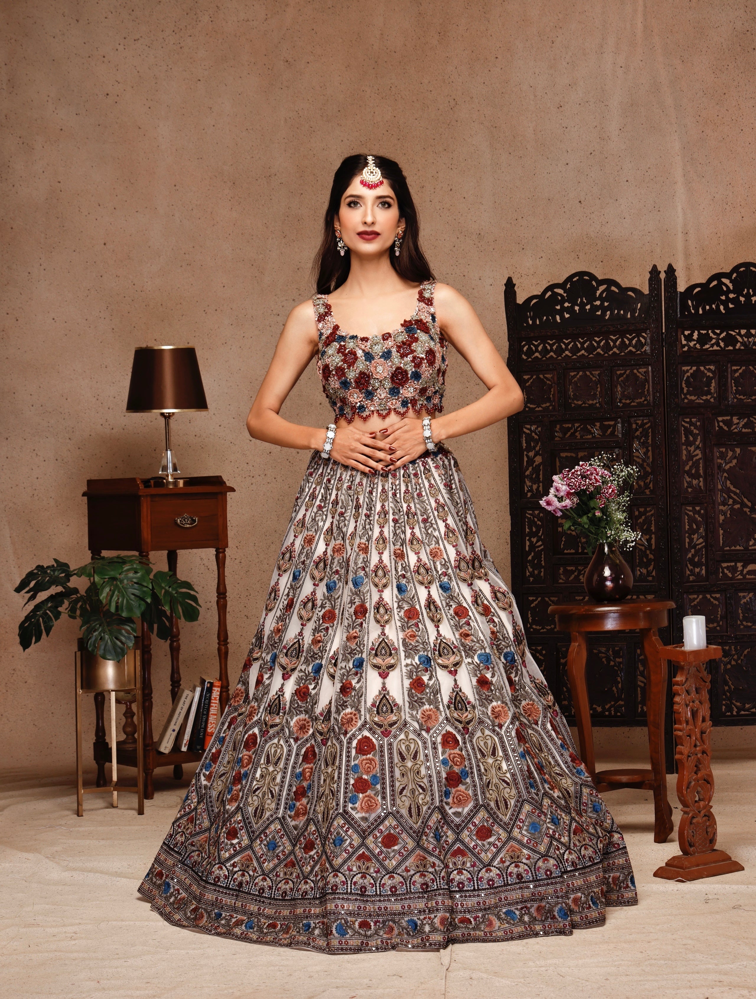 MULTI EMBROIDERY TOP AND SKIRT WITH NET DUPATTA