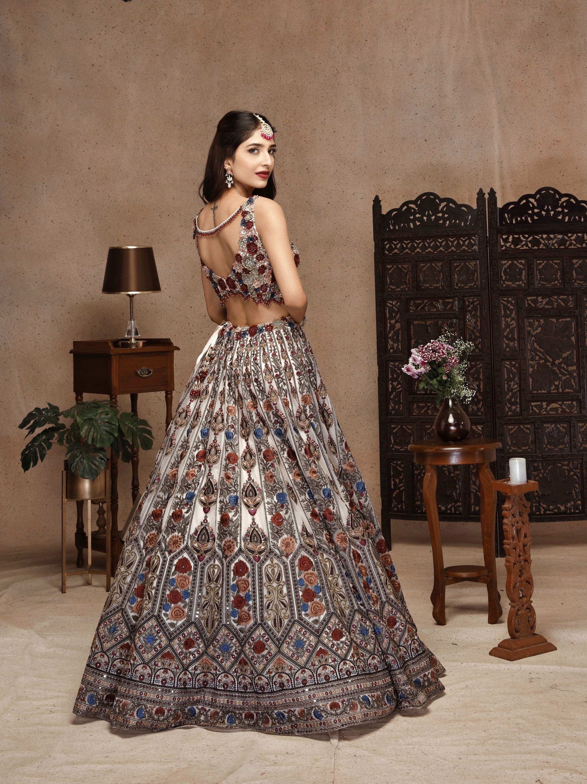 MULTI EMBROIDERY TOP AND SKIRT WITH NET DUPATTA