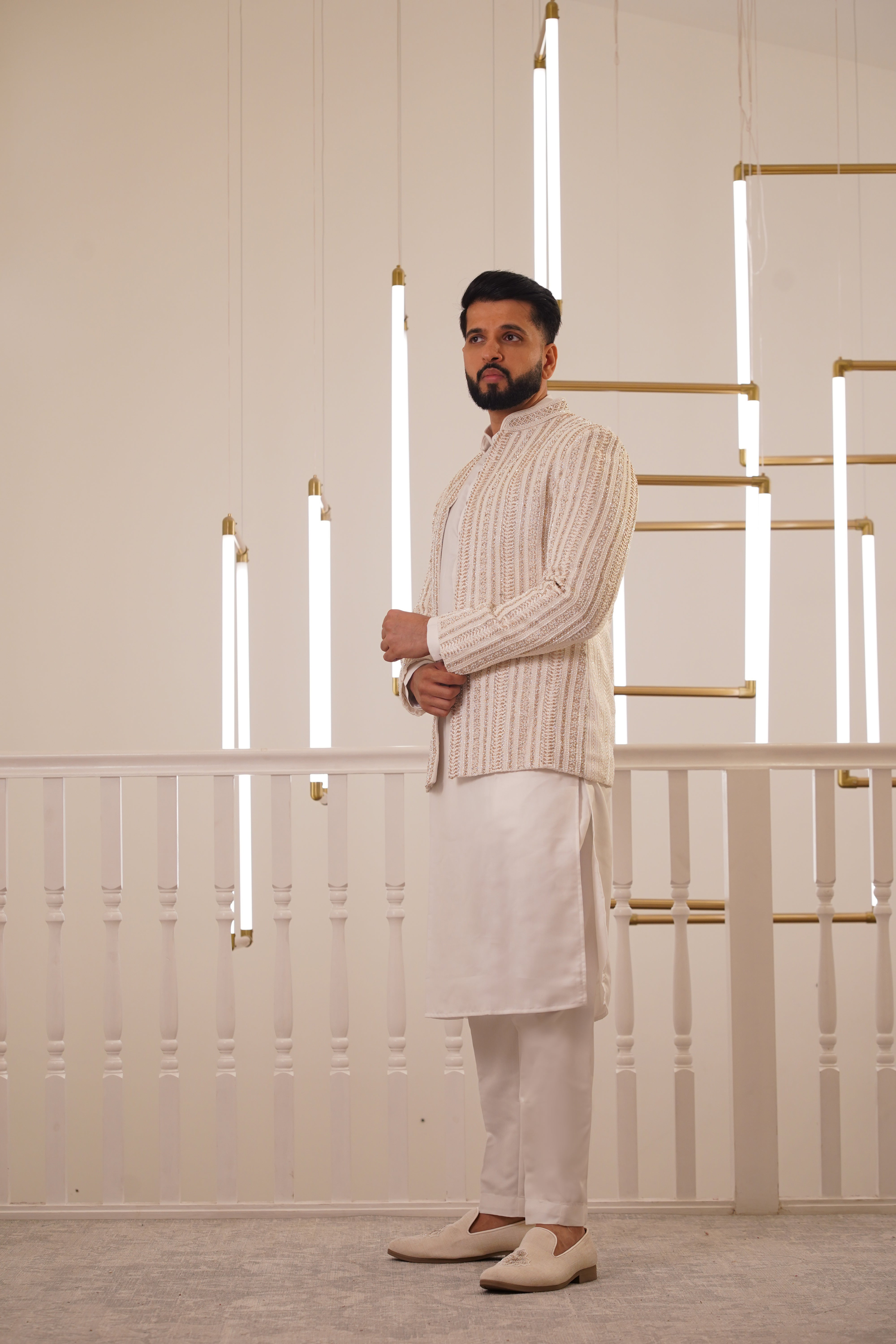 CREAM EMBROIDRY JACKET WITH KURTA & TROUSER