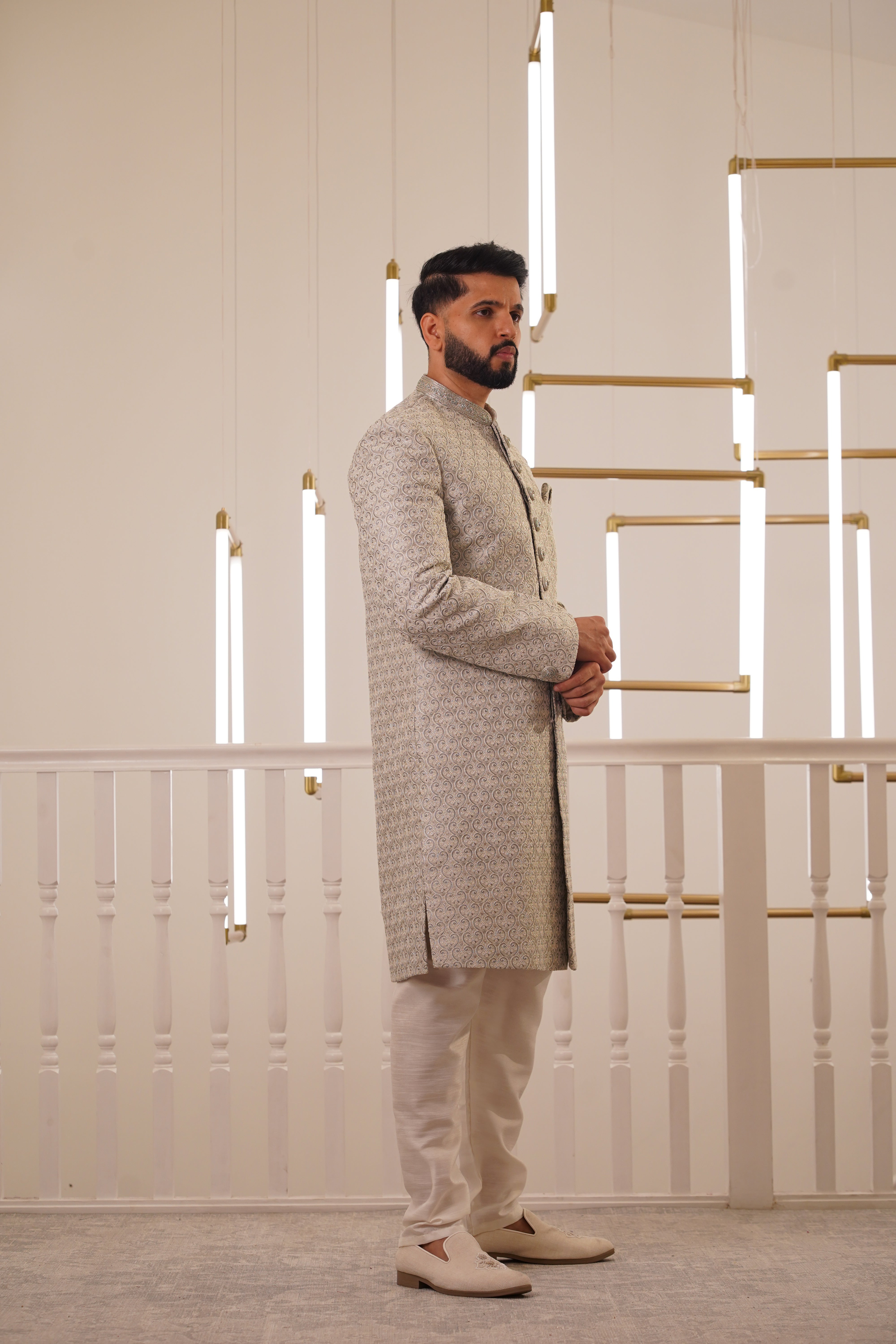LIGHT GREY EMBROIDERY SHERWANI