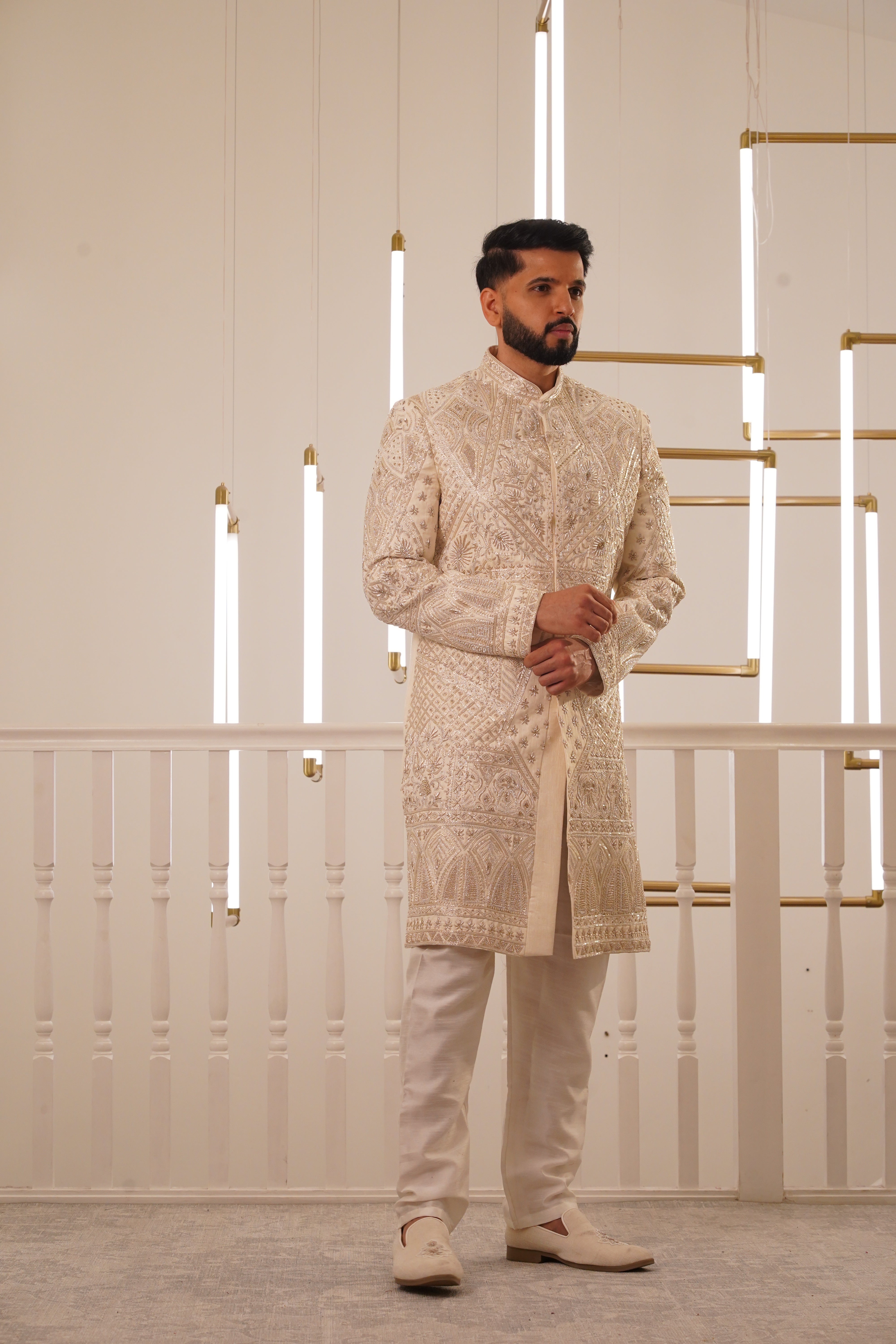 IVORY EMBROIDERY SHERWANI WITH TROUSER