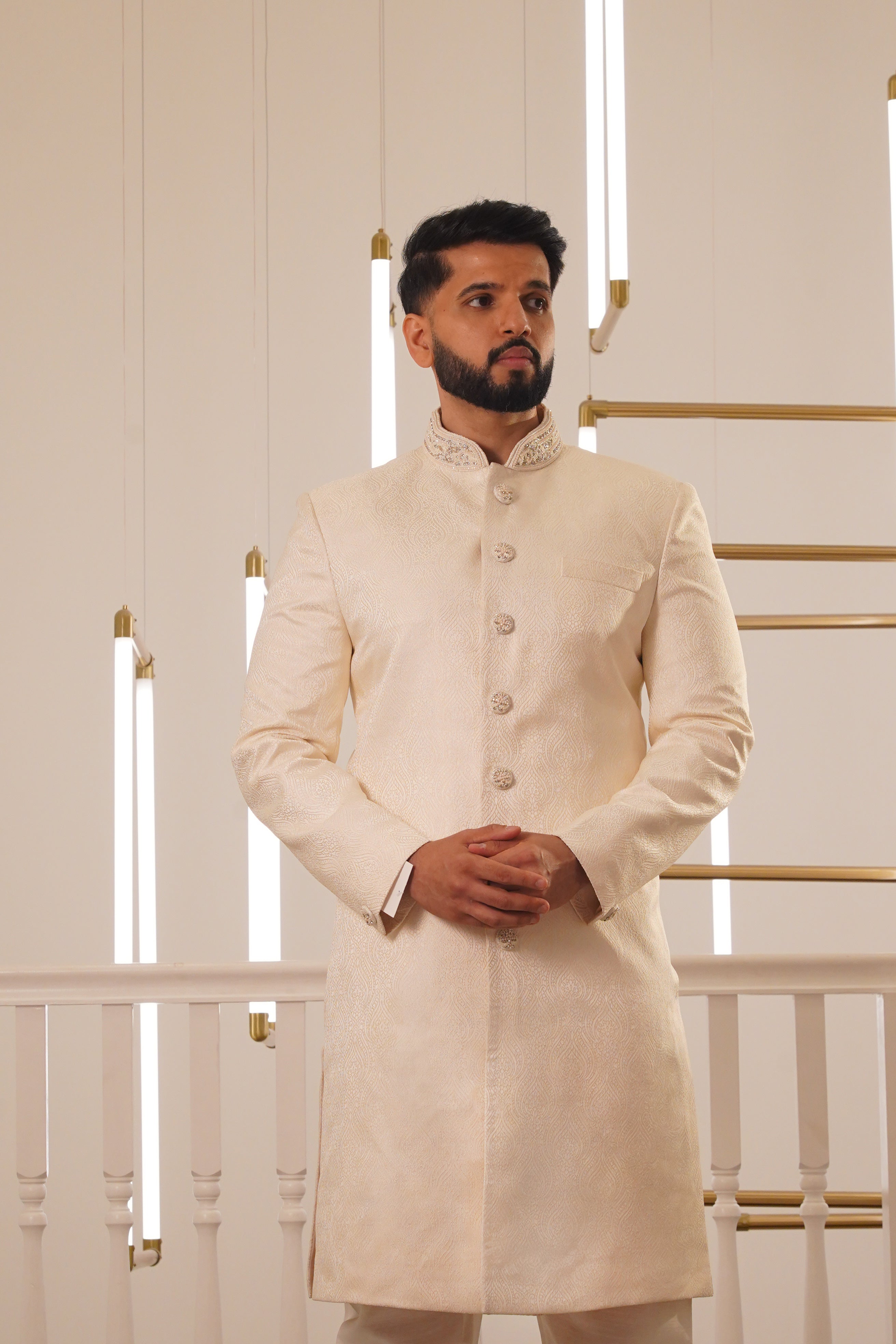 CREAM SHERWANI WITH EMBROIDERY COLLAR & BUTTON