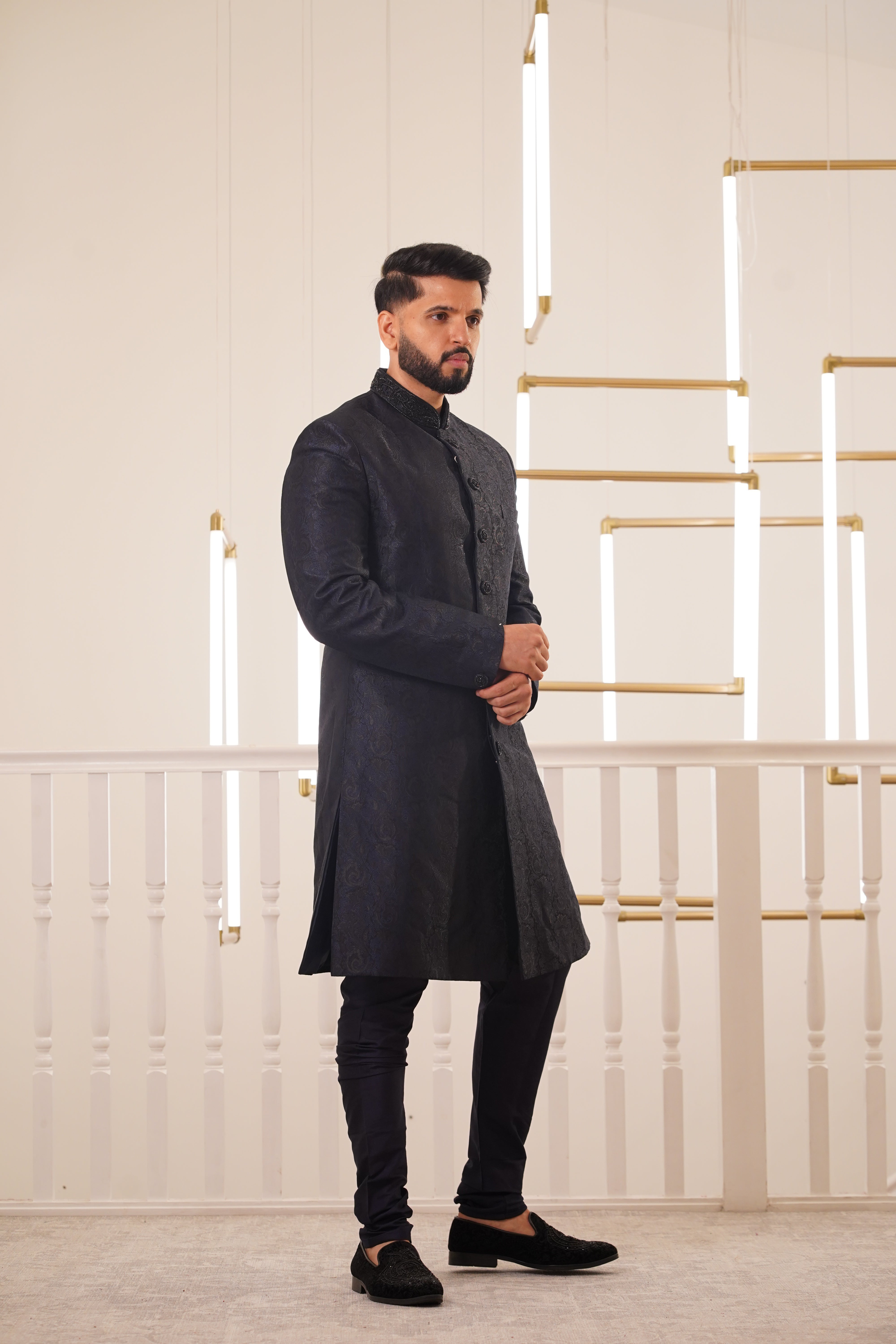 NAVY BLUE SHERWANI WITH EMBROIDERY COLLAR & BUTTON