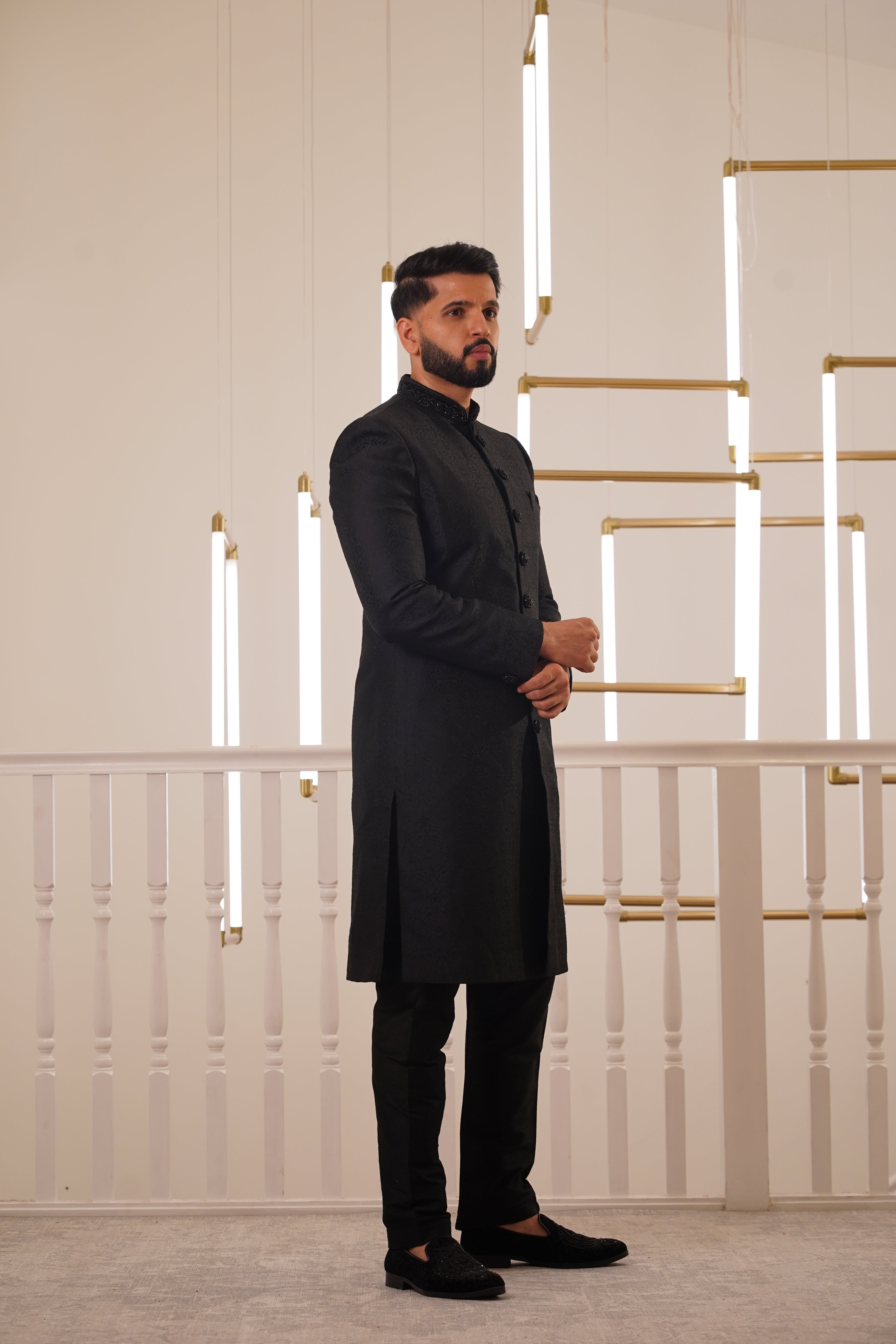 BLACK EMBROIDERY COLLAR SHERWANI WITH TROUSER