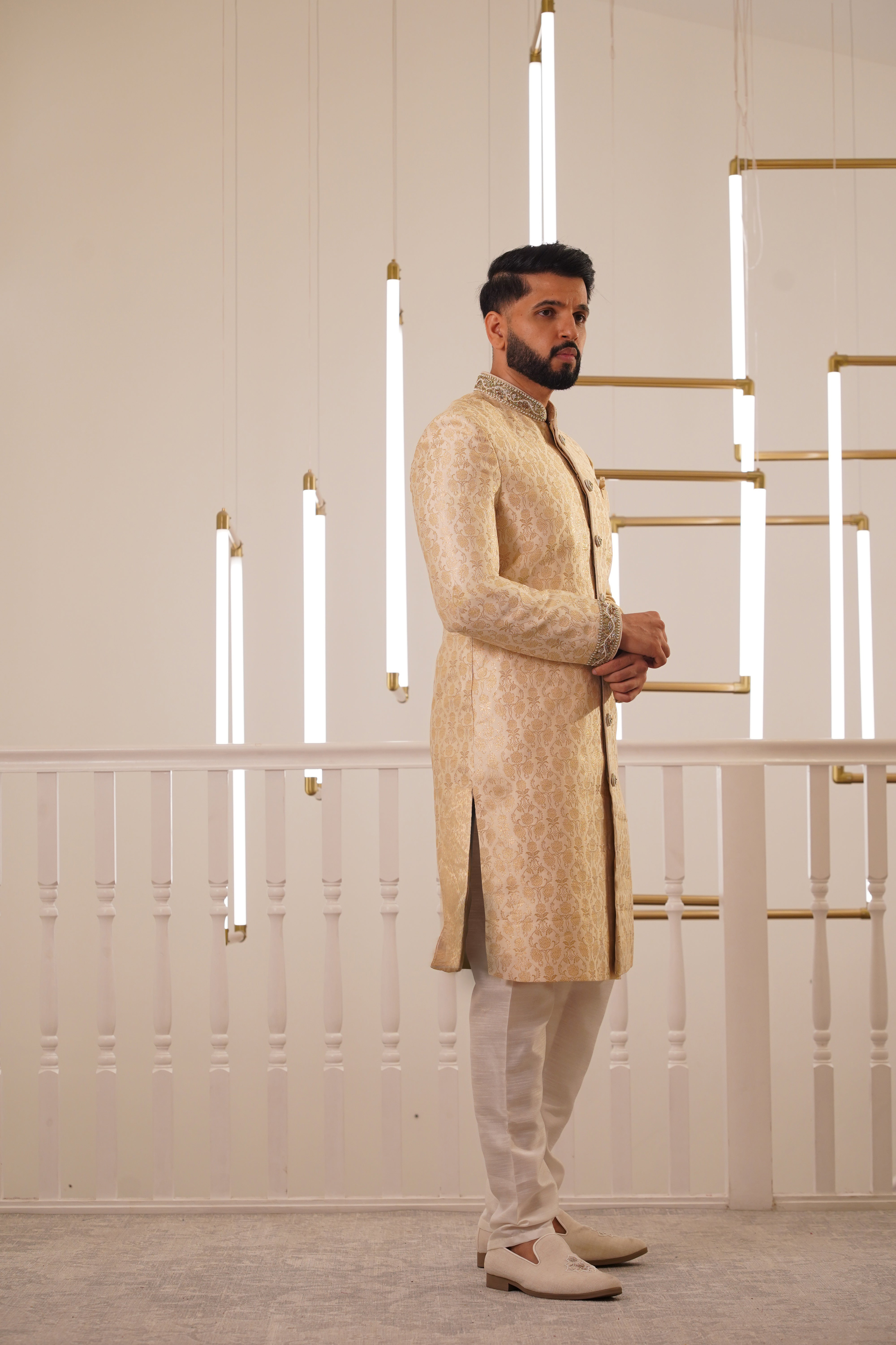 LIGHT GOLD SHERWANI WITH EMBROIDERY COLLAR