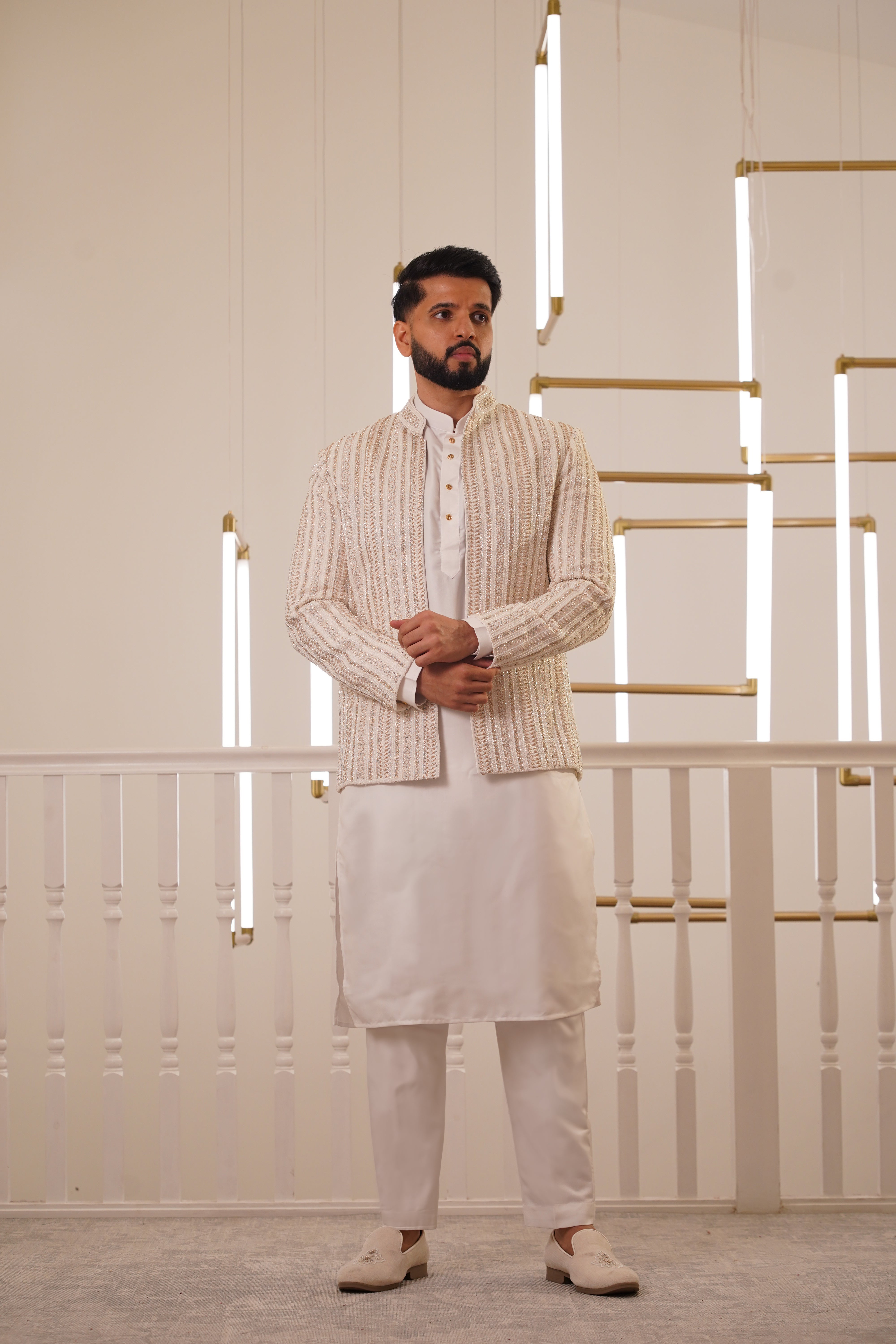 CREAM EMBROIDRY JACKET WITH KURTA & TROUSER