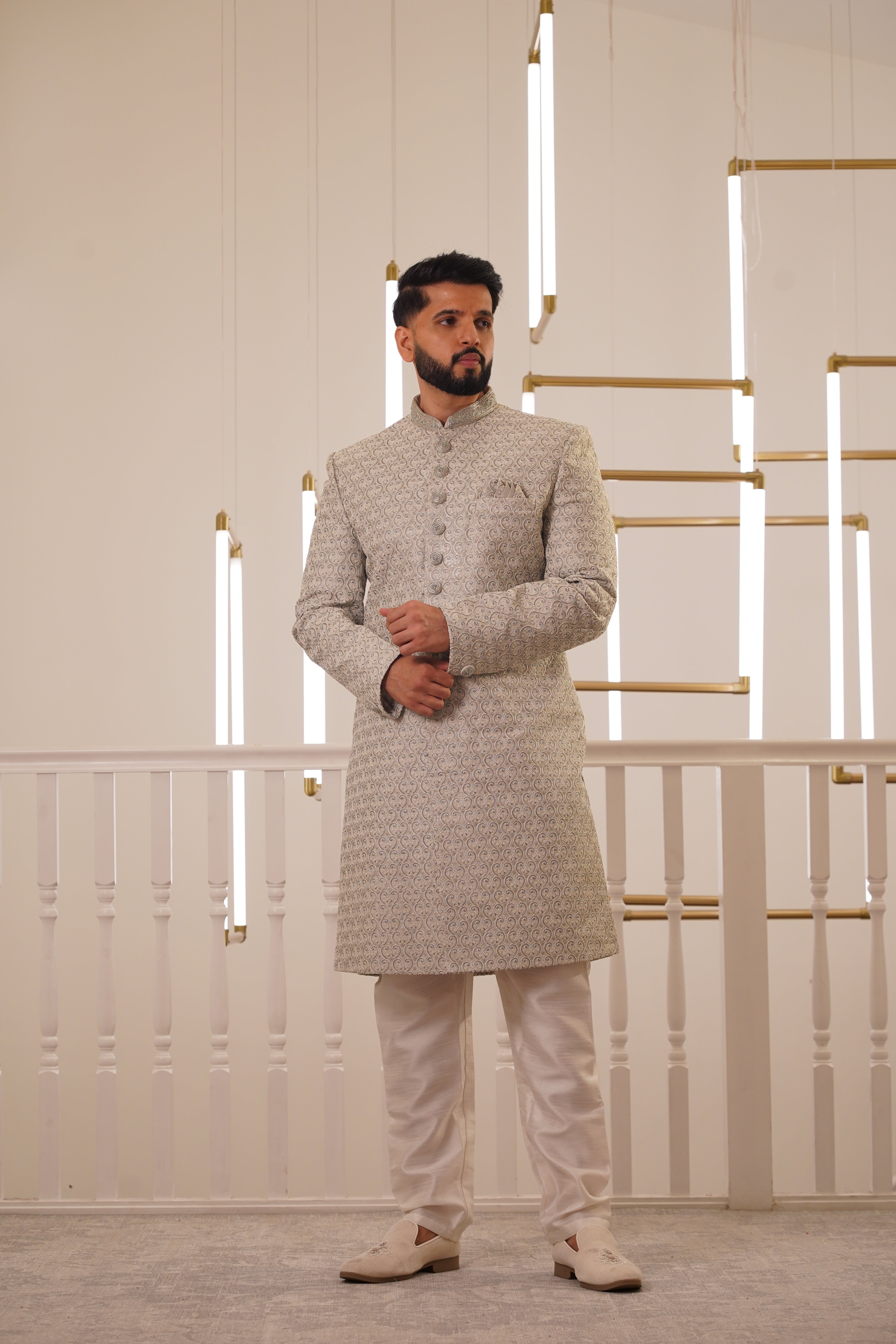 LIGHT GREY EMBROIDERY SHERWANI