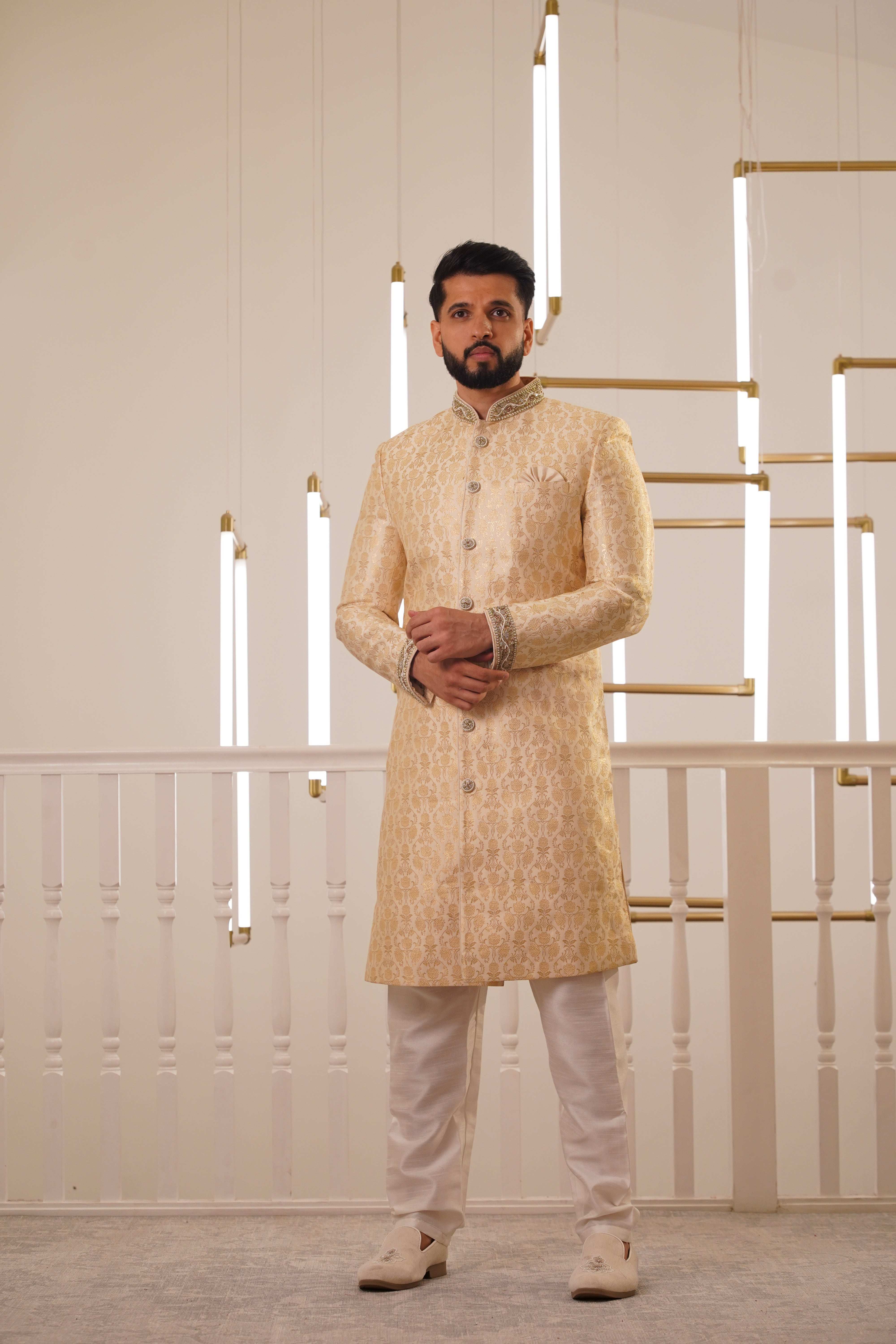 LIGHT GOLD SHERWANI WITH EMBROIDERY COLLAR
