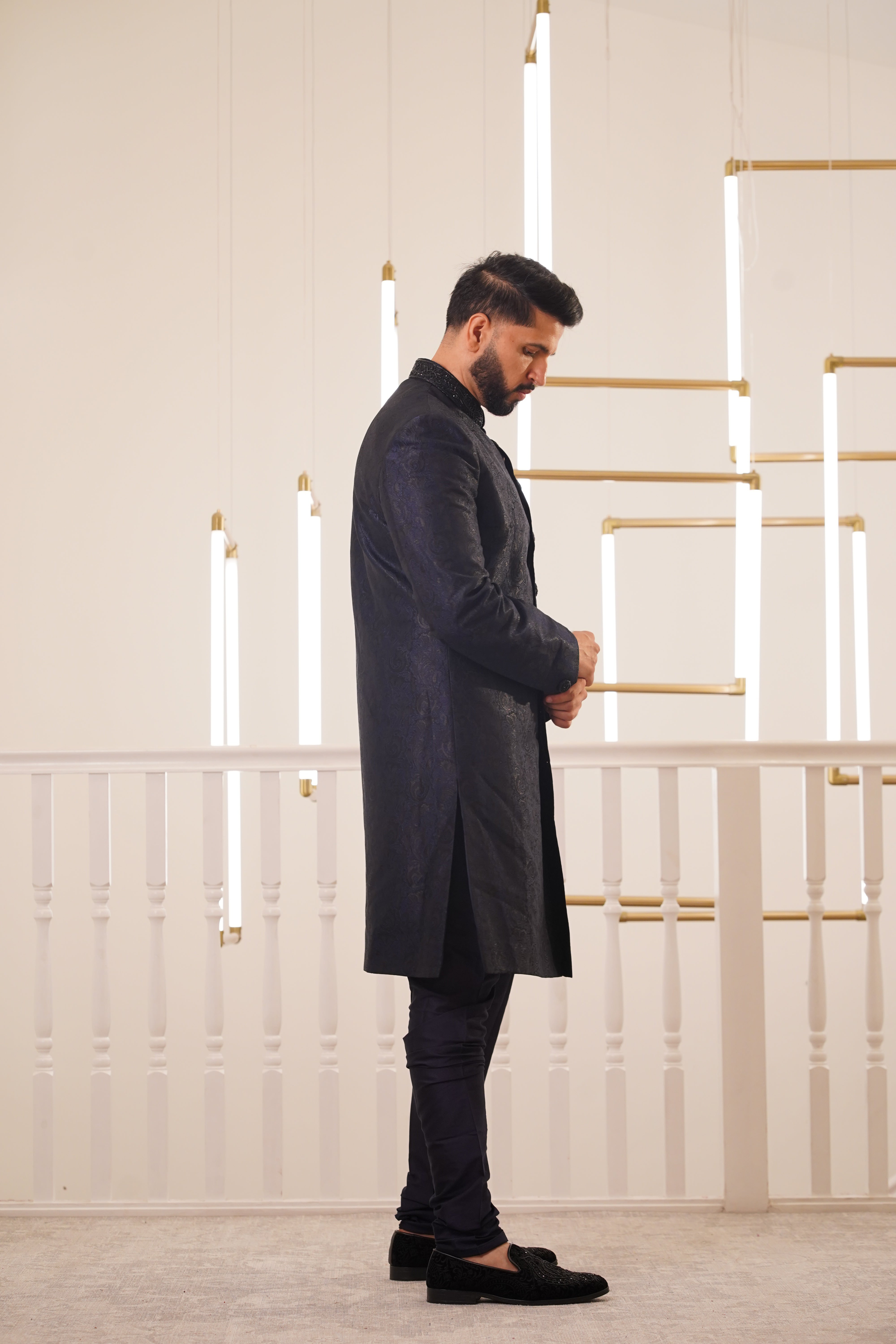NAVY BLUE SHERWANI WITH EMBROIDERY COLLAR & BUTTON