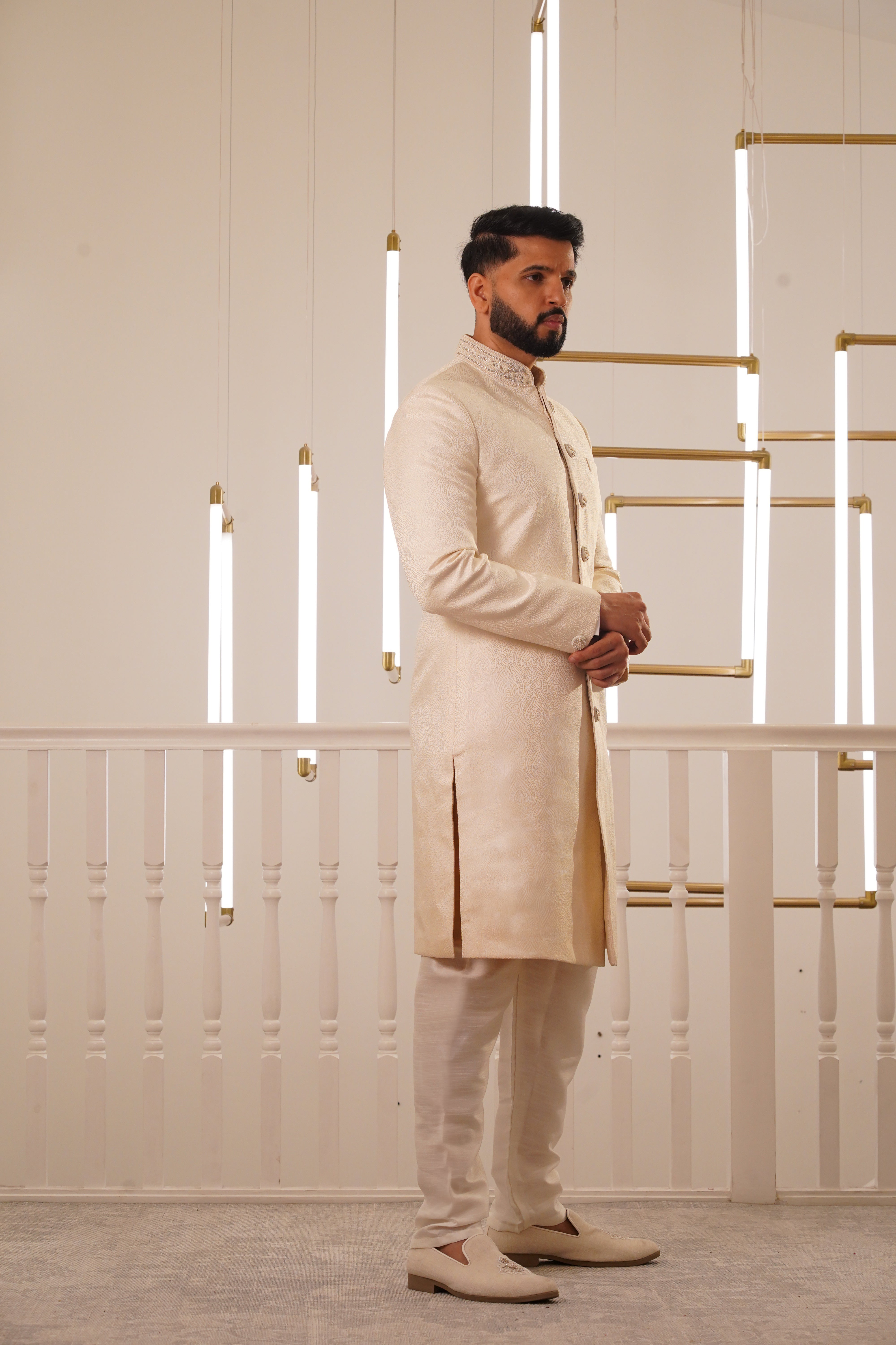 CREAM SHERWANI WITH EMBROIDERY COLLAR & BUTTON